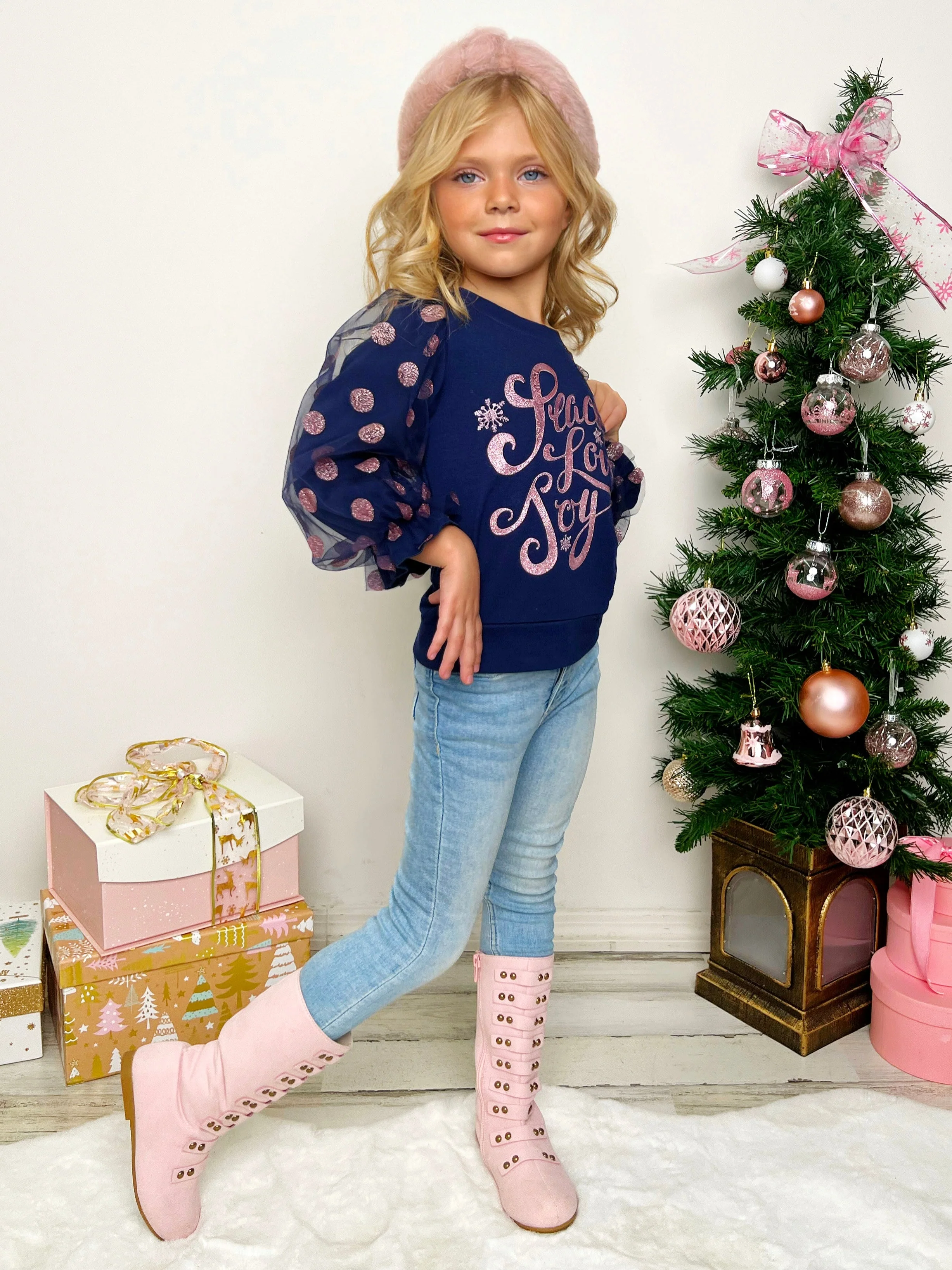 Peace, Love, Joy Tulle Sleeve Top - Image 2