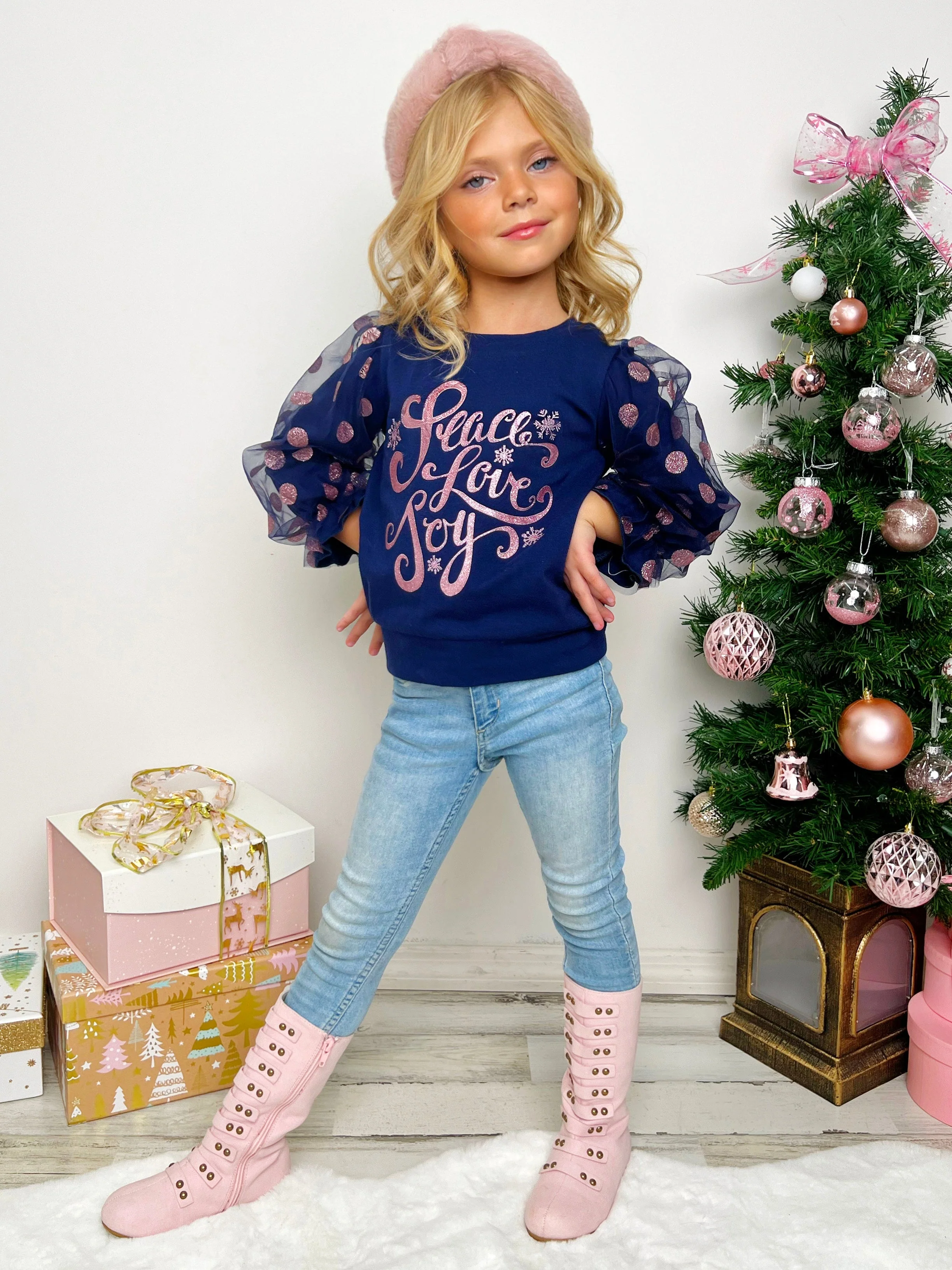 Peace, Love, Joy Tulle Sleeve Top - Image 5