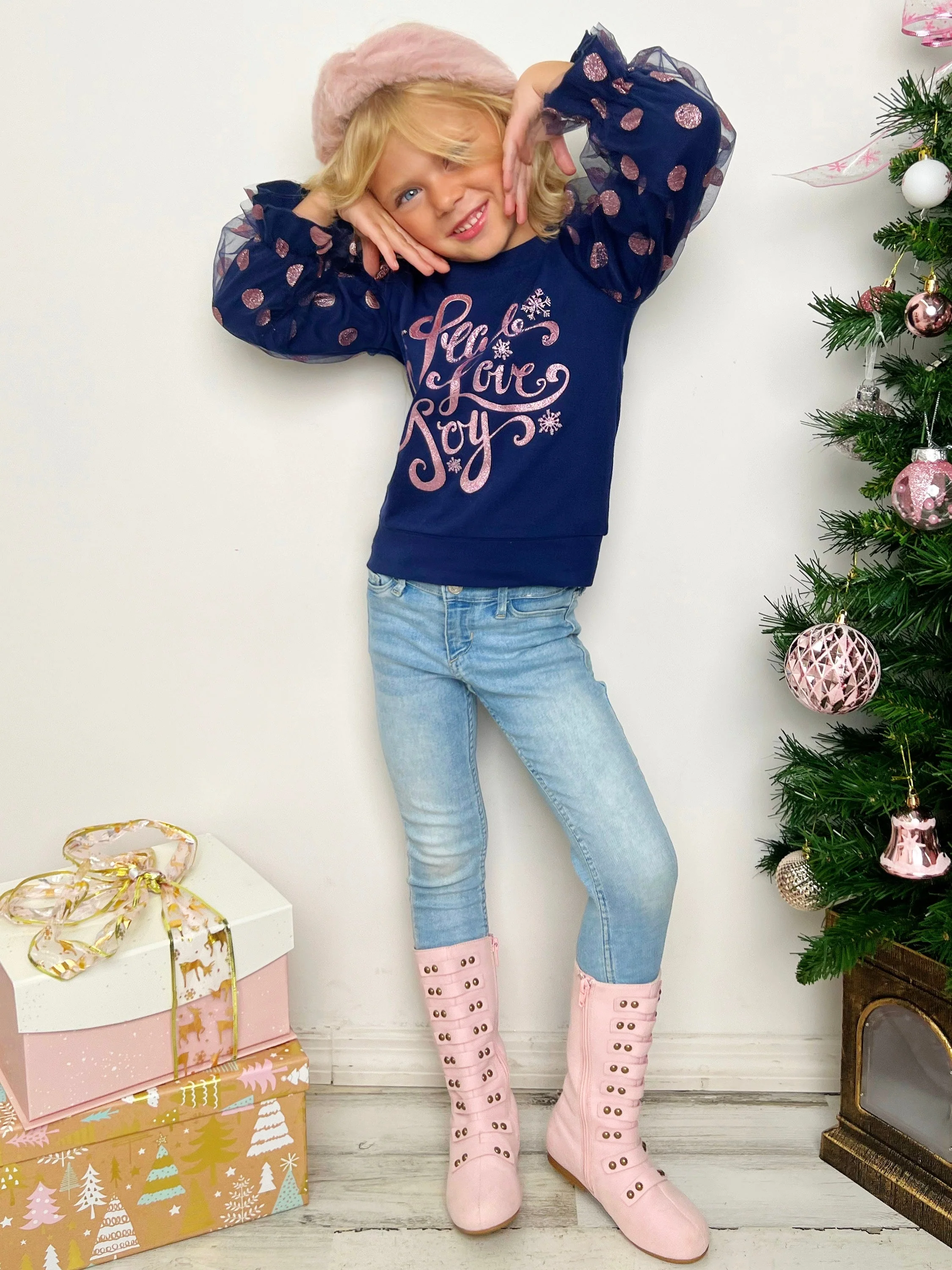 Peace, Love, Joy Tulle Sleeve Top - Image 6