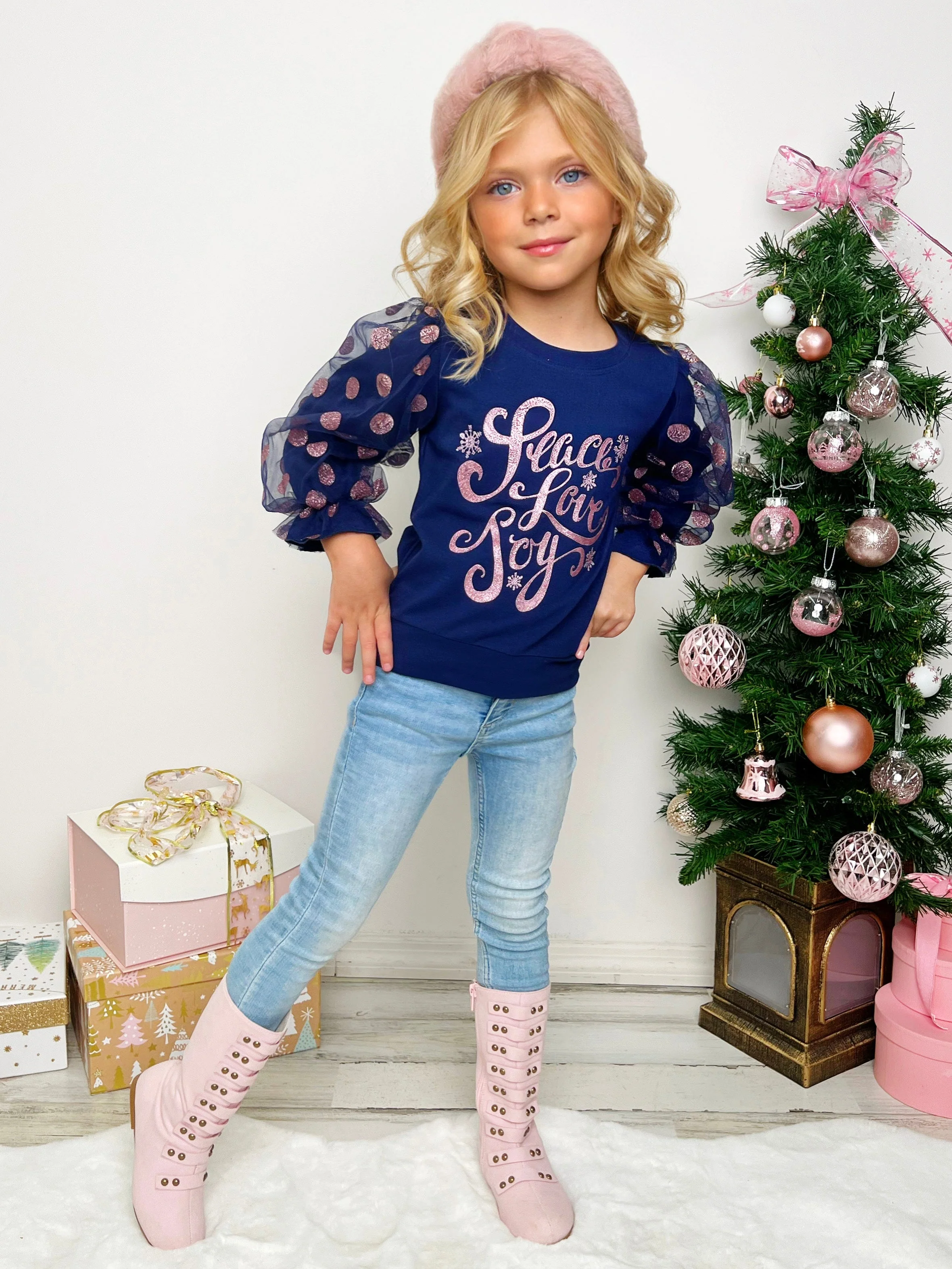 Peace, Love, Joy Tulle Sleeve Top - Image 7