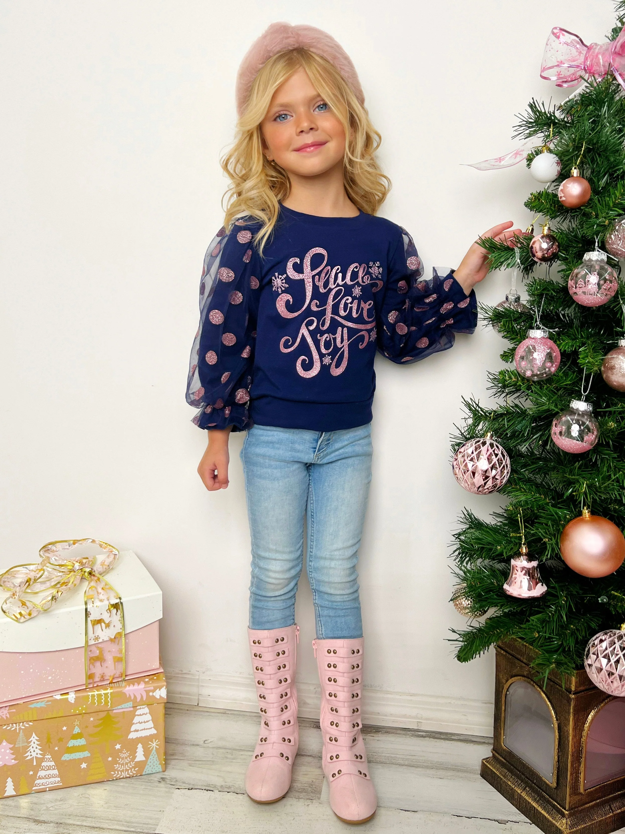 Peace, Love, Joy Tulle Sleeve Top - Image 8