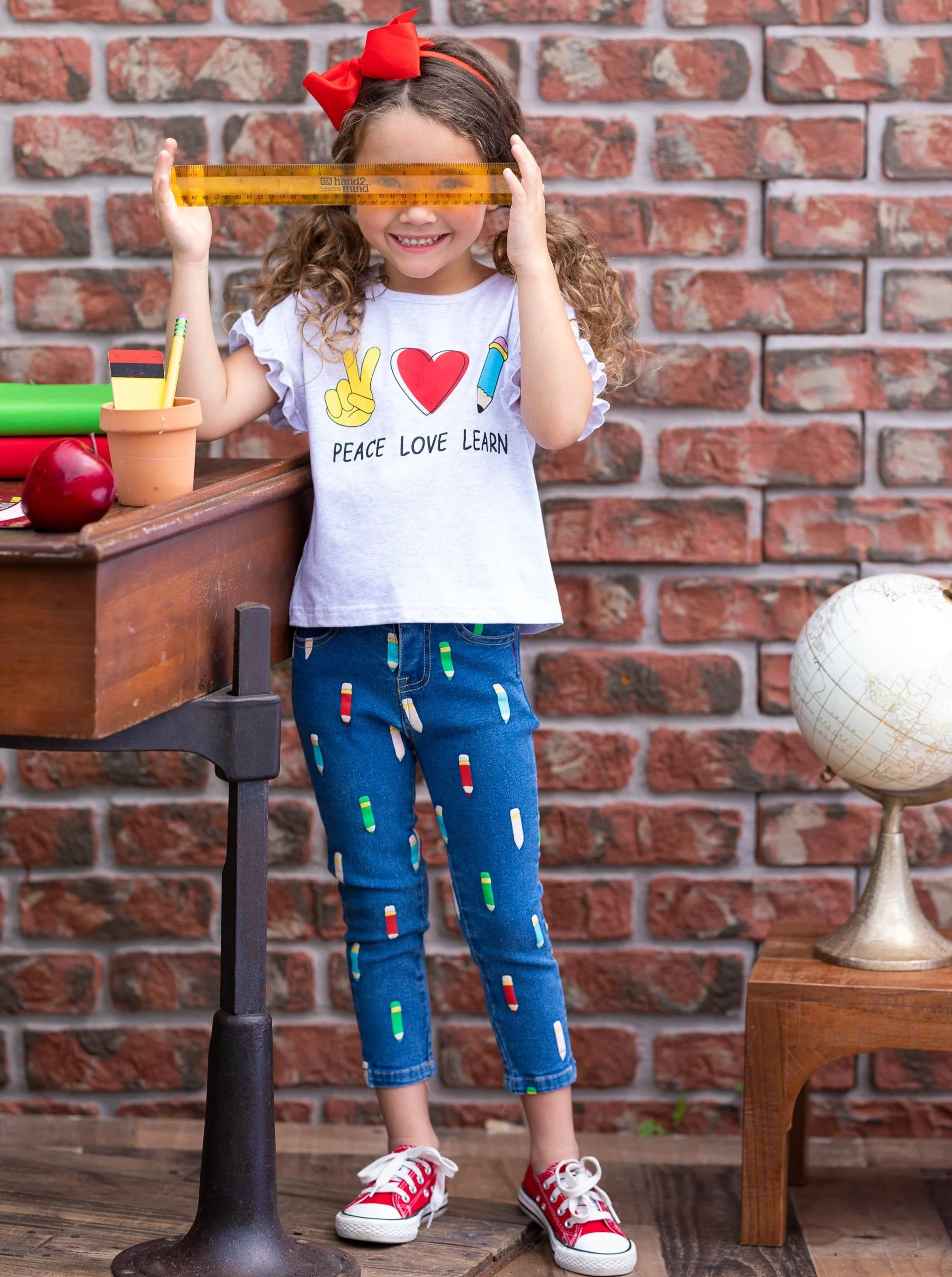 Peace, Love, Learn Pencil Applique Denim Jeans Set - Image 2