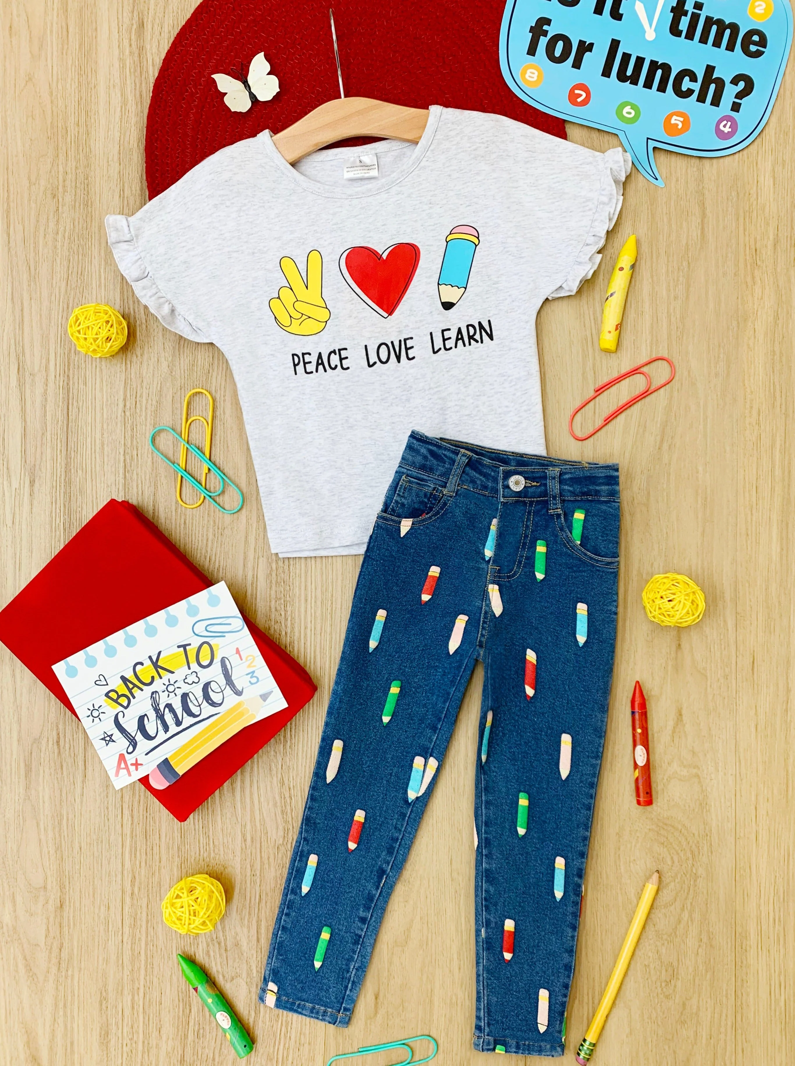 Peace, Love, Learn Pencil Applique Denim Jeans Set - Image 3