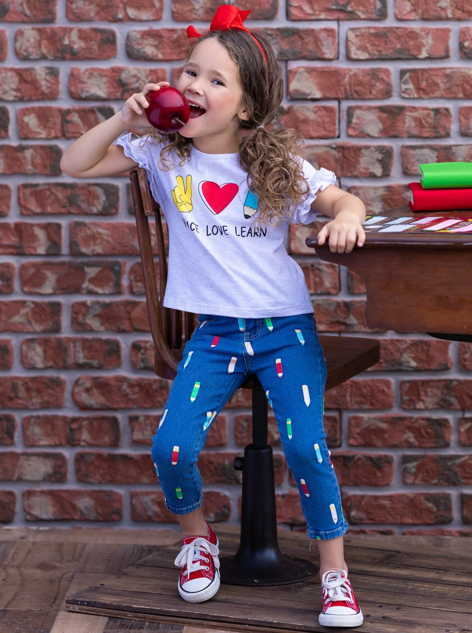 Peace, Love, Learn Pencil Applique Denim Jeans Set - Image 6