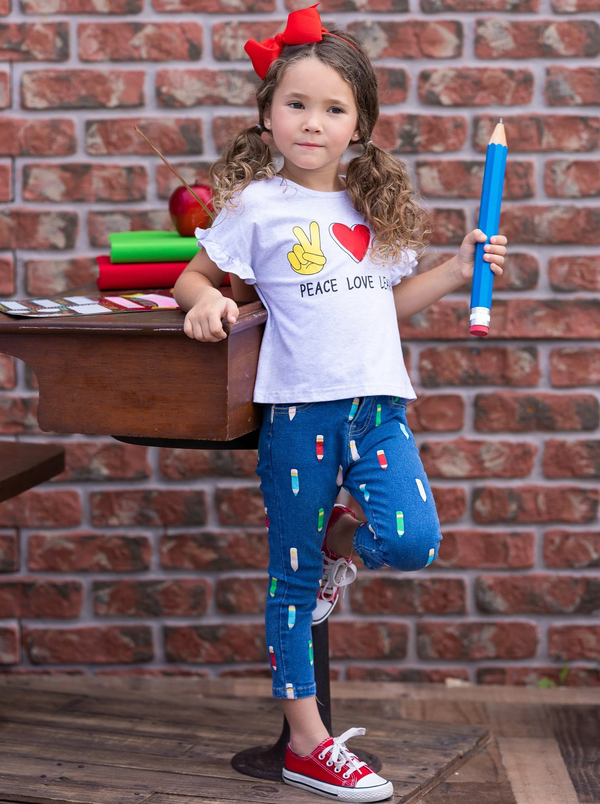 Peace, Love, Learn Pencil Applique Denim Jeans Set - Image 7