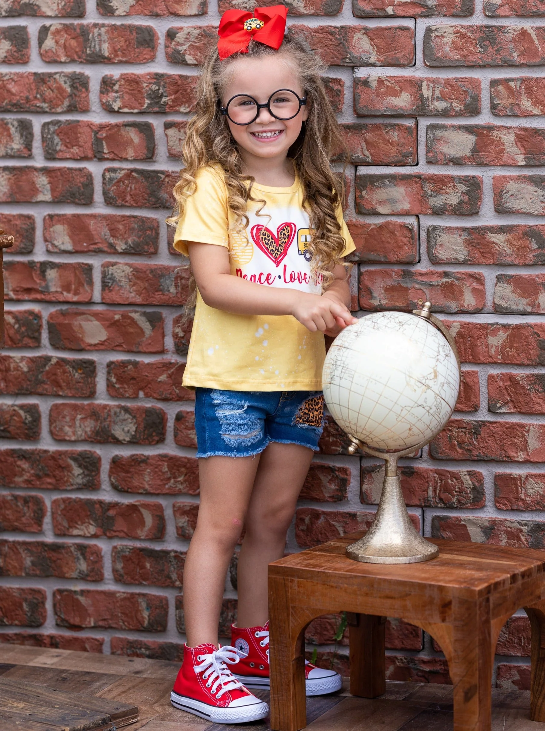 Peace, Love, School Leopard Patched Denim Short Set - Image 2