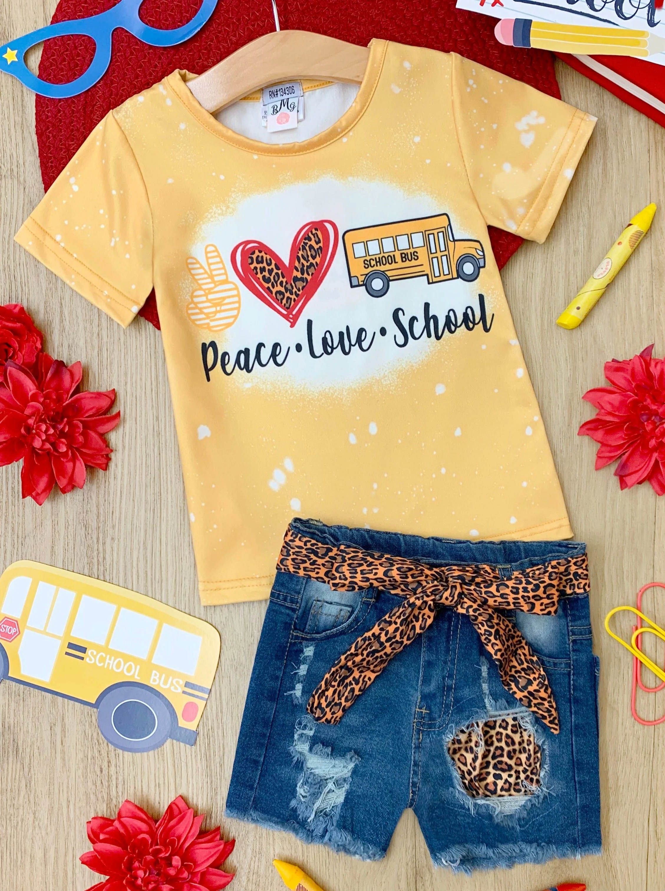 Peace, Love, School Leopard Patched Denim Short Set - Image 3