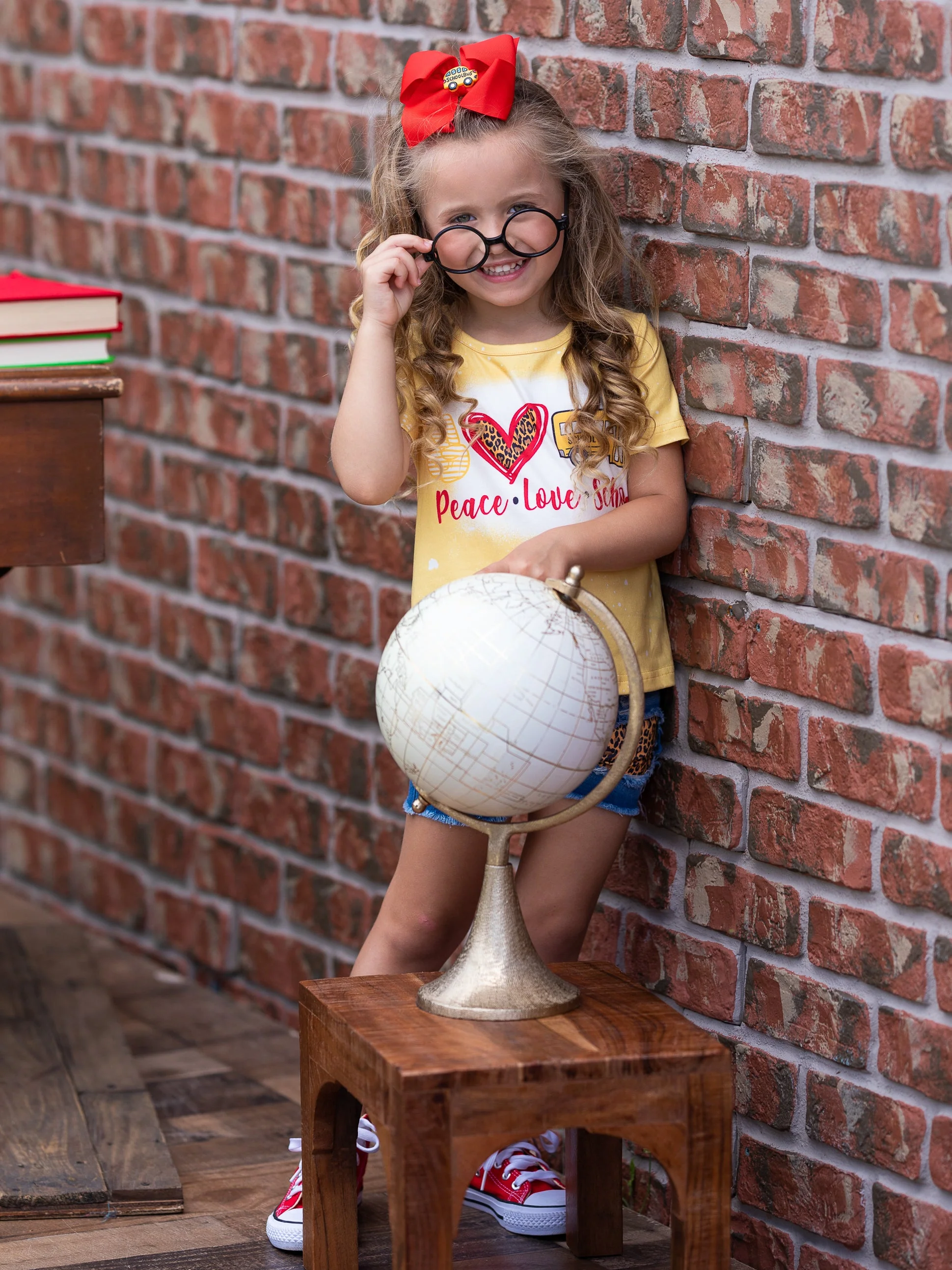 Peace, Love, School Leopard Patched Denim Short Set - Image 4