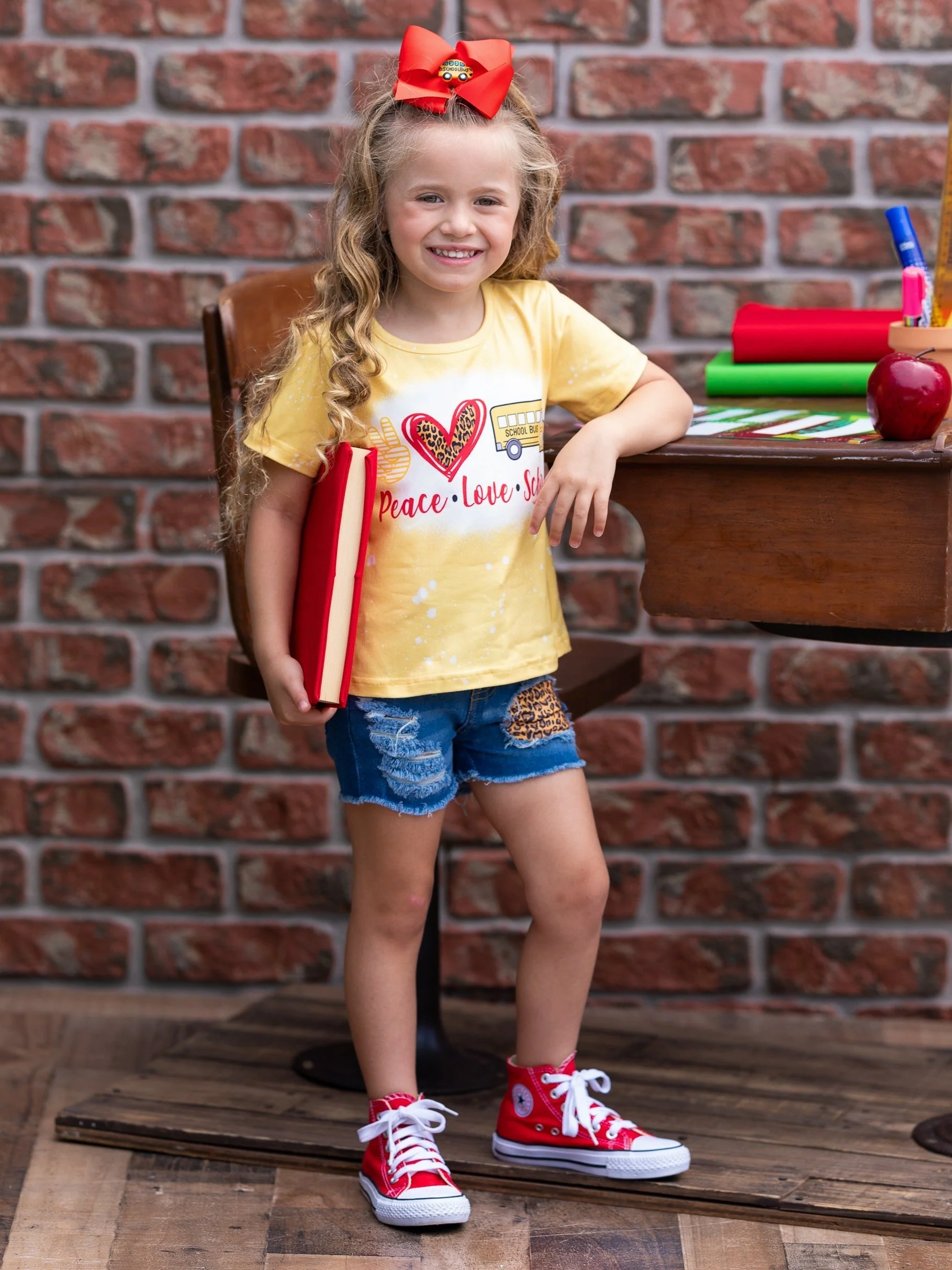 Peace, Love, School Leopard Patched Denim Short Set - Image 5