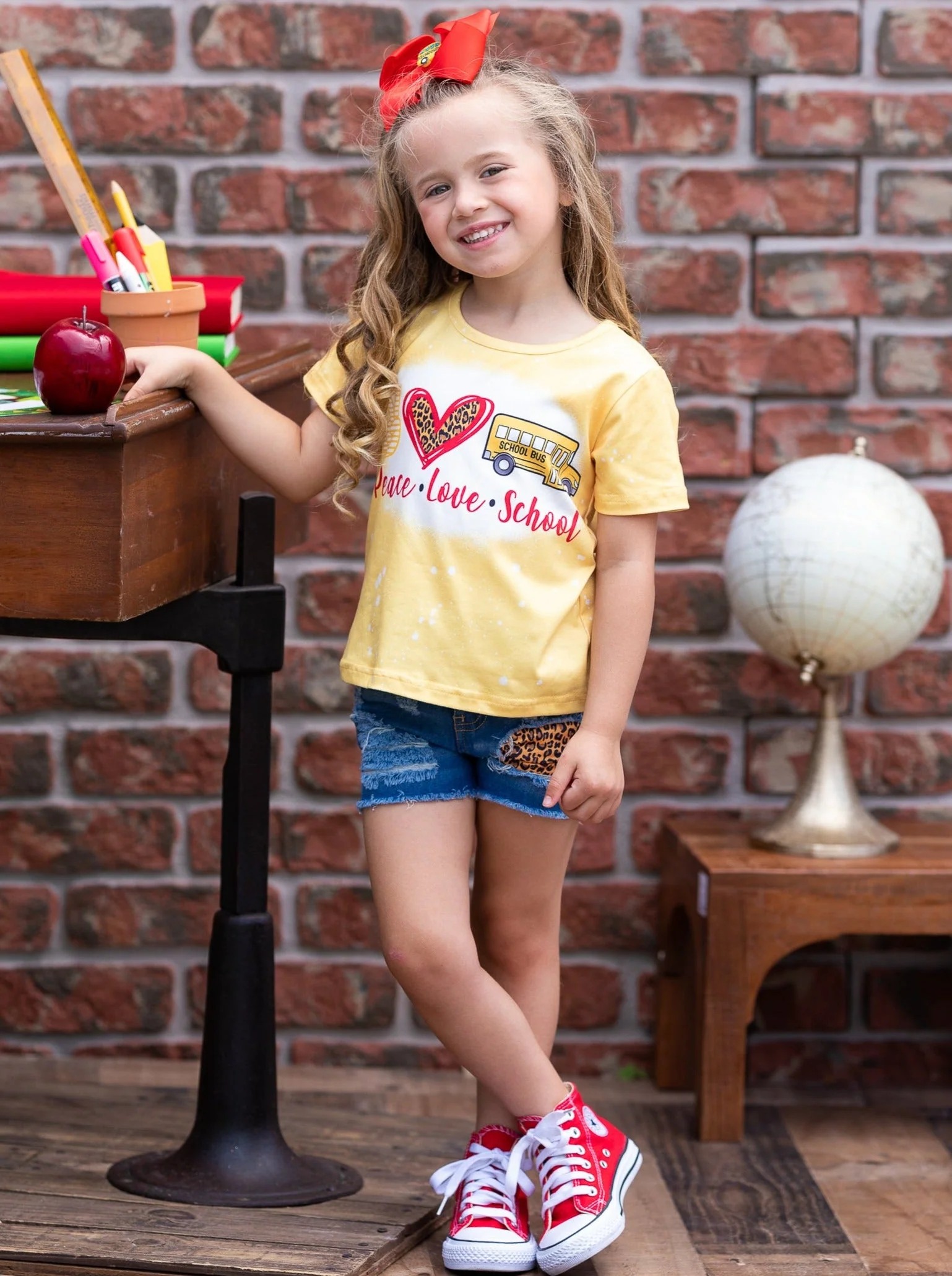 Peace, Love, School Leopard Patched Denim Short Set - Image 6