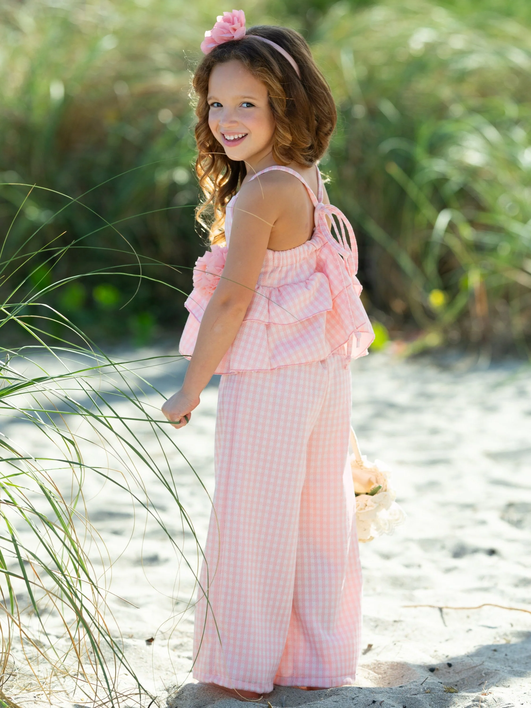 Paradise Pink Gingham Top and Palazzo Pants Set - Image 2