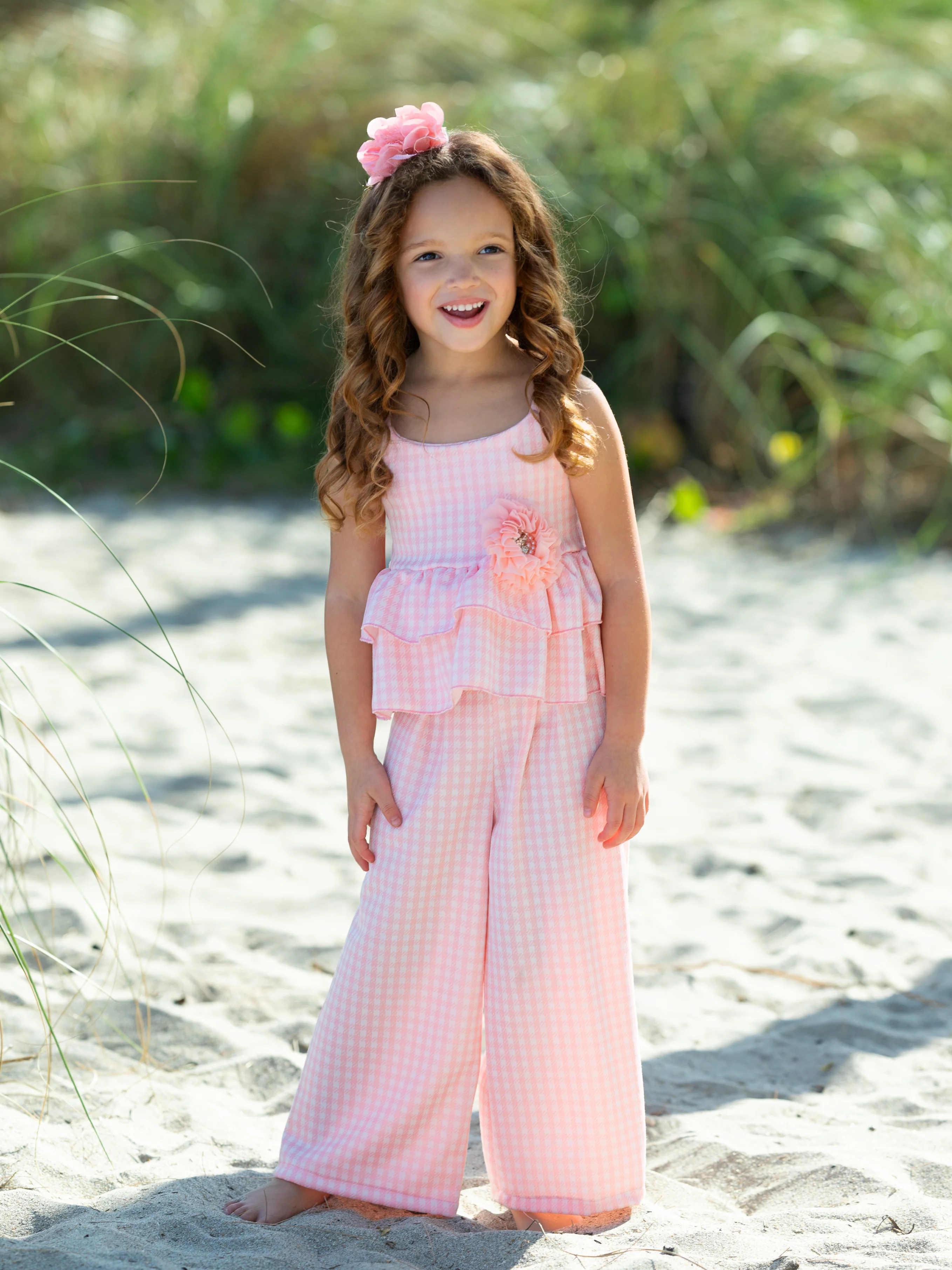 Paradise Pink Gingham Top and Palazzo Pants Set - Image 4