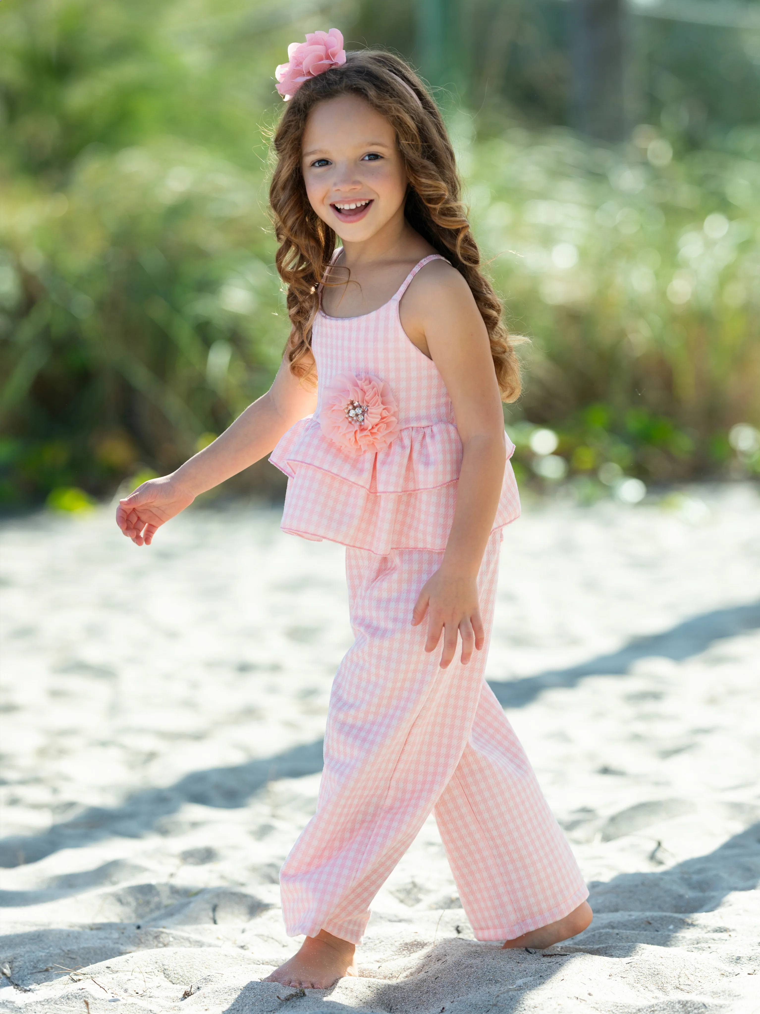 Paradise Pink Gingham Top and Palazzo Pants Set - Image 5