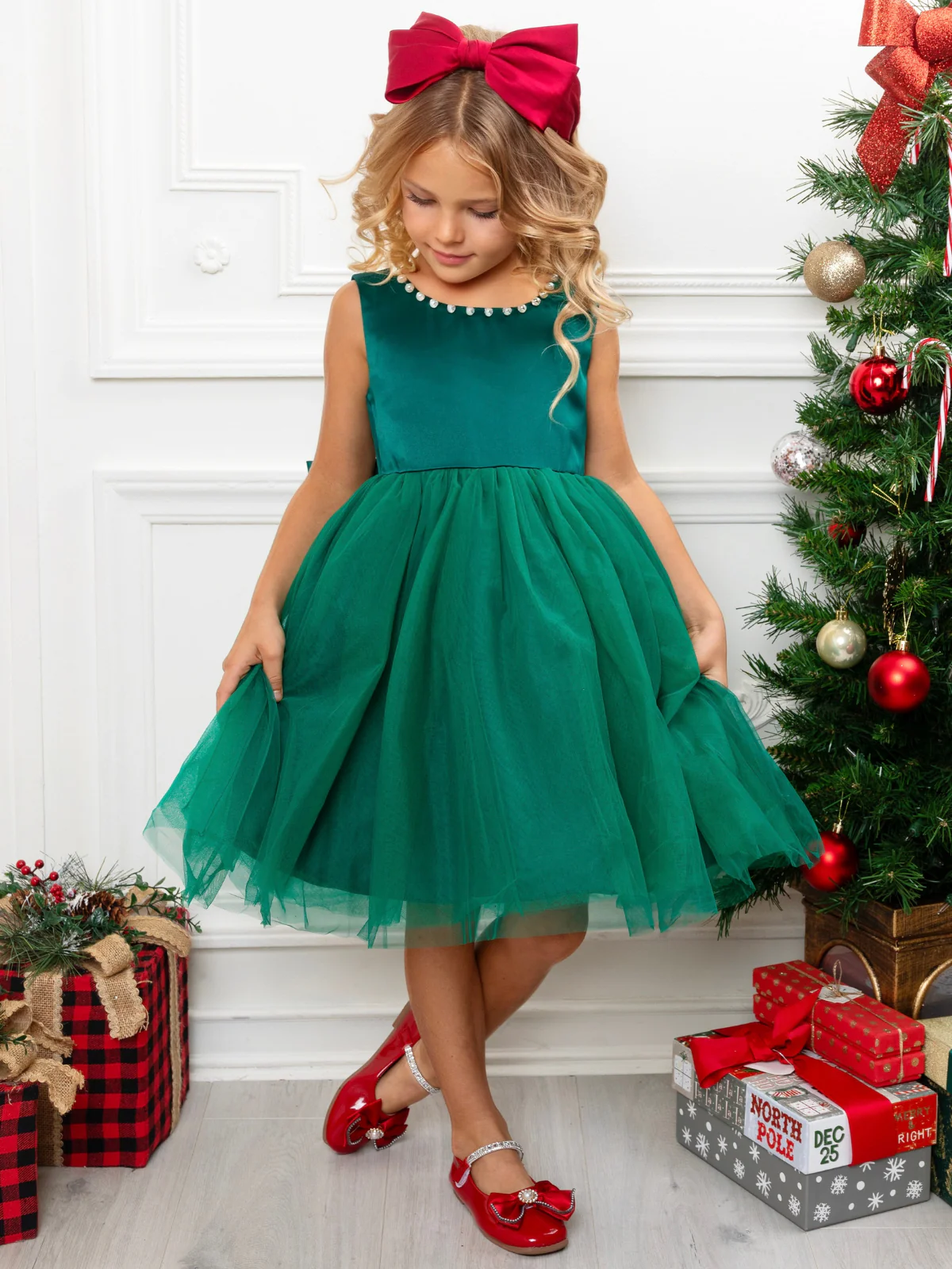 Perfectly Pine Green Bow Satin Christmas Dress - Image 2