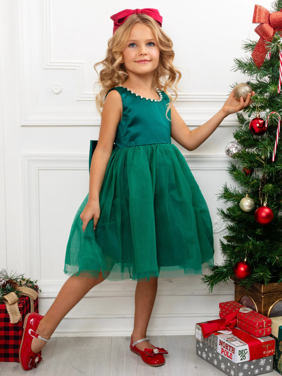 Perfectly Pine Green Bow Satin Christmas Dress - Image 3