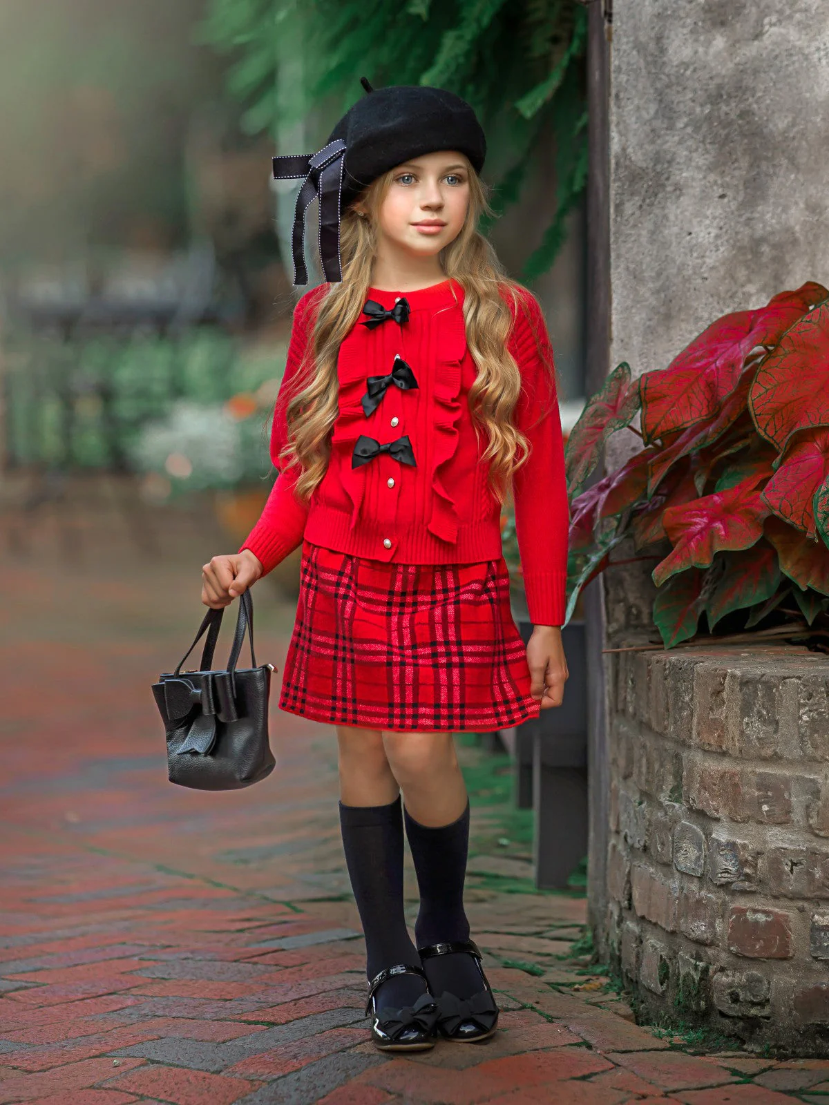 Pearled and Fab Ruffled Sweater and Plaid Skirt Set - Image 2