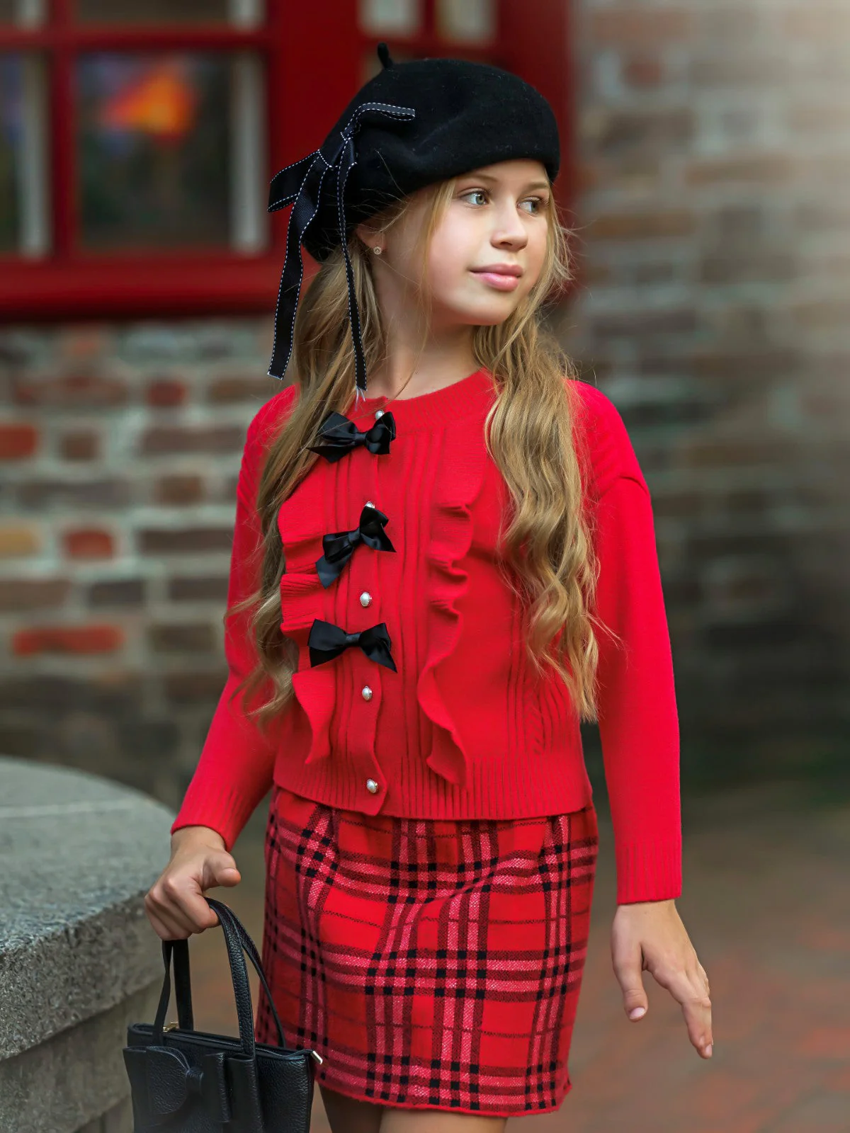 Pearled and Fab Ruffled Sweater and Plaid Skirt Set - Image 4