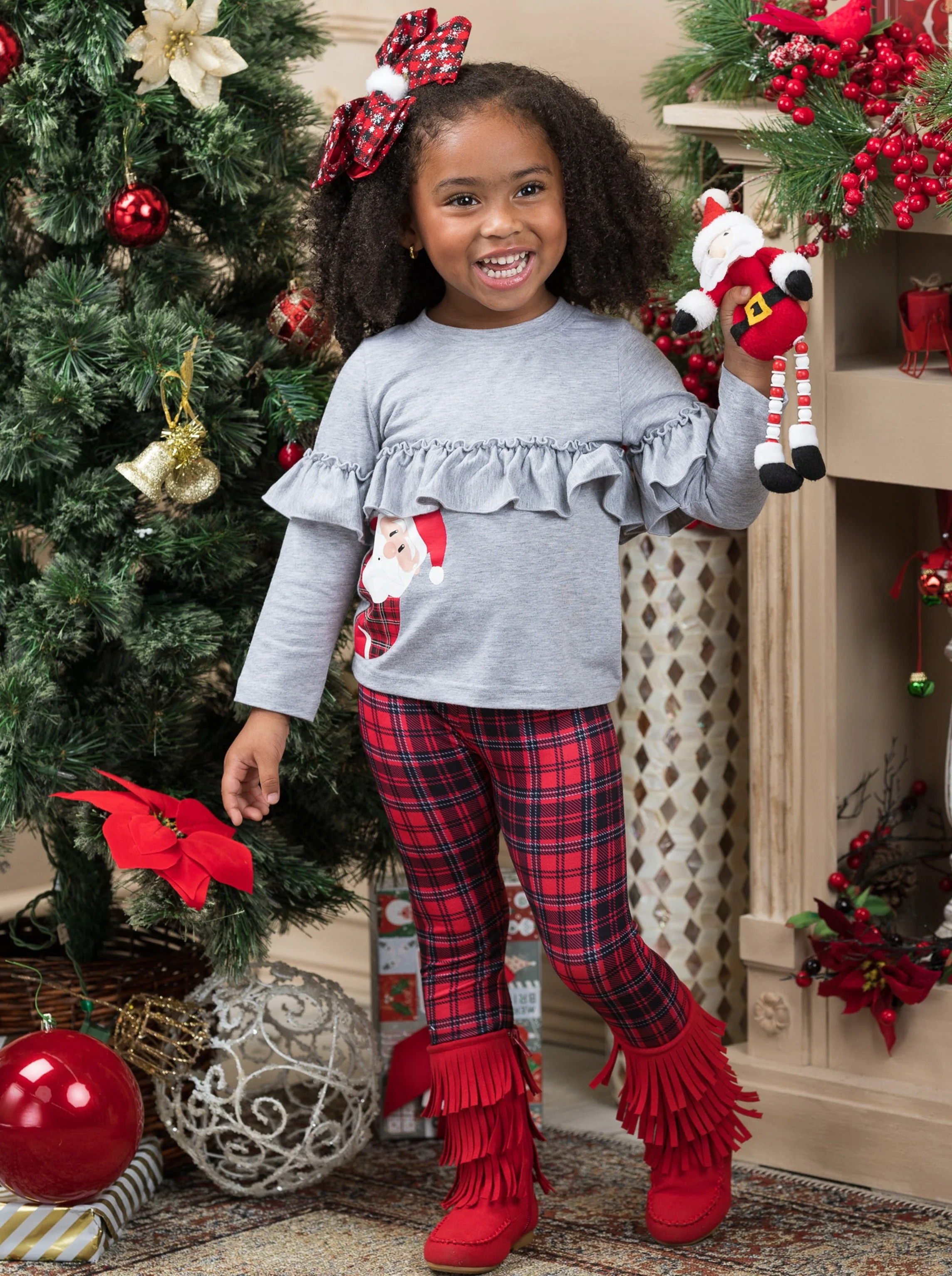PeekABoo! Santa Is Here! Top and Plaid Legging Set - Image 2