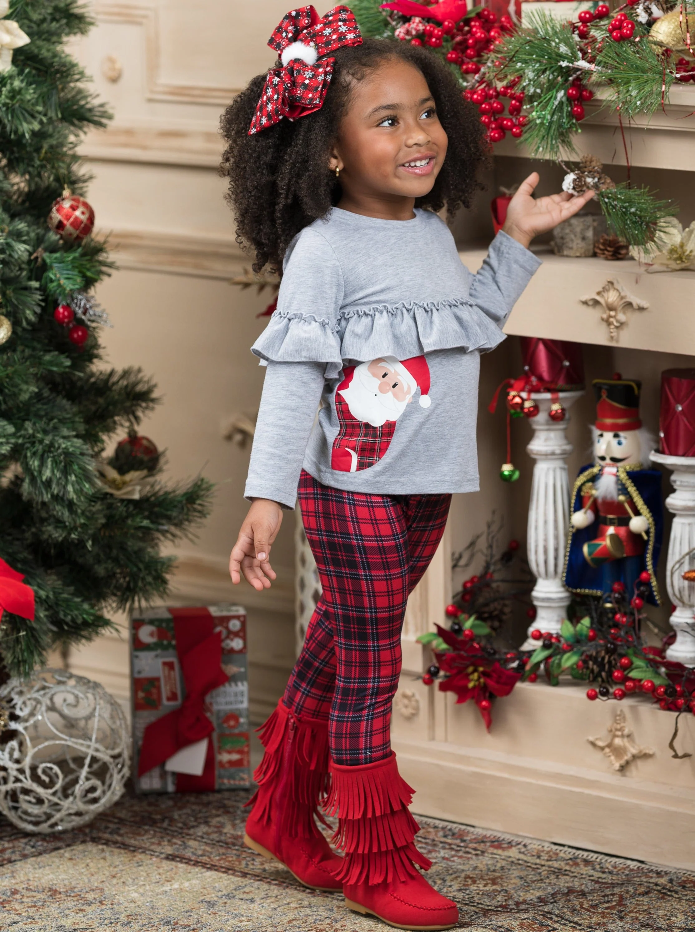 PeekABoo! Santa Is Here! Top and Plaid Legging Set - Image 3