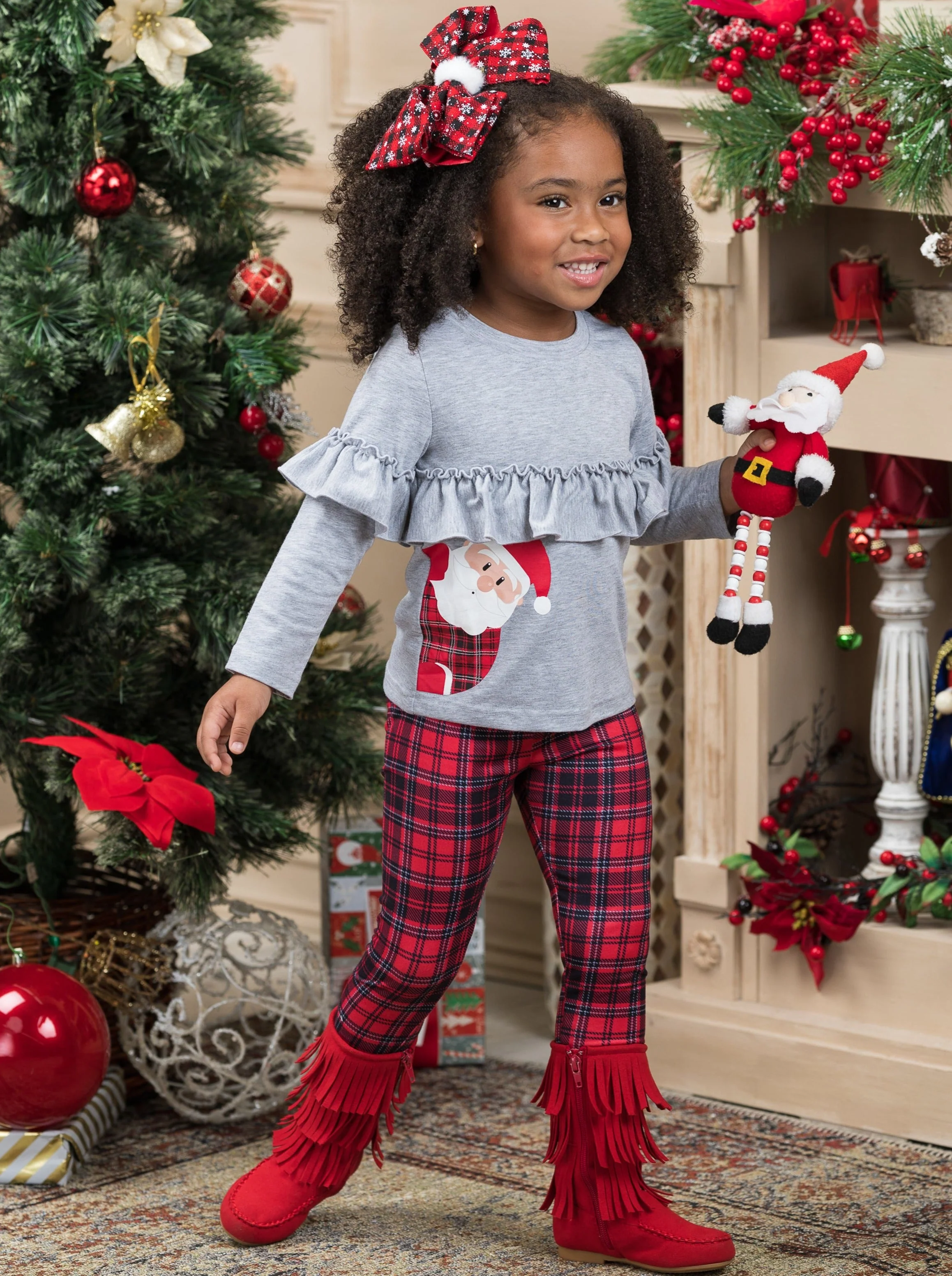 PeekABoo! Santa Is Here! Top and Plaid Legging Set - Image 4