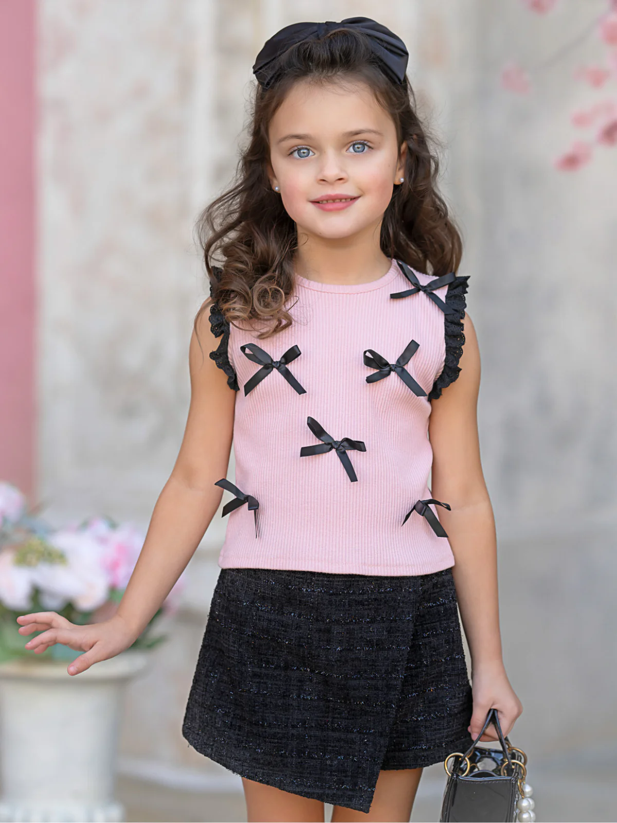 Pink Bow Top and Black Tweed Skort Set - Image 2