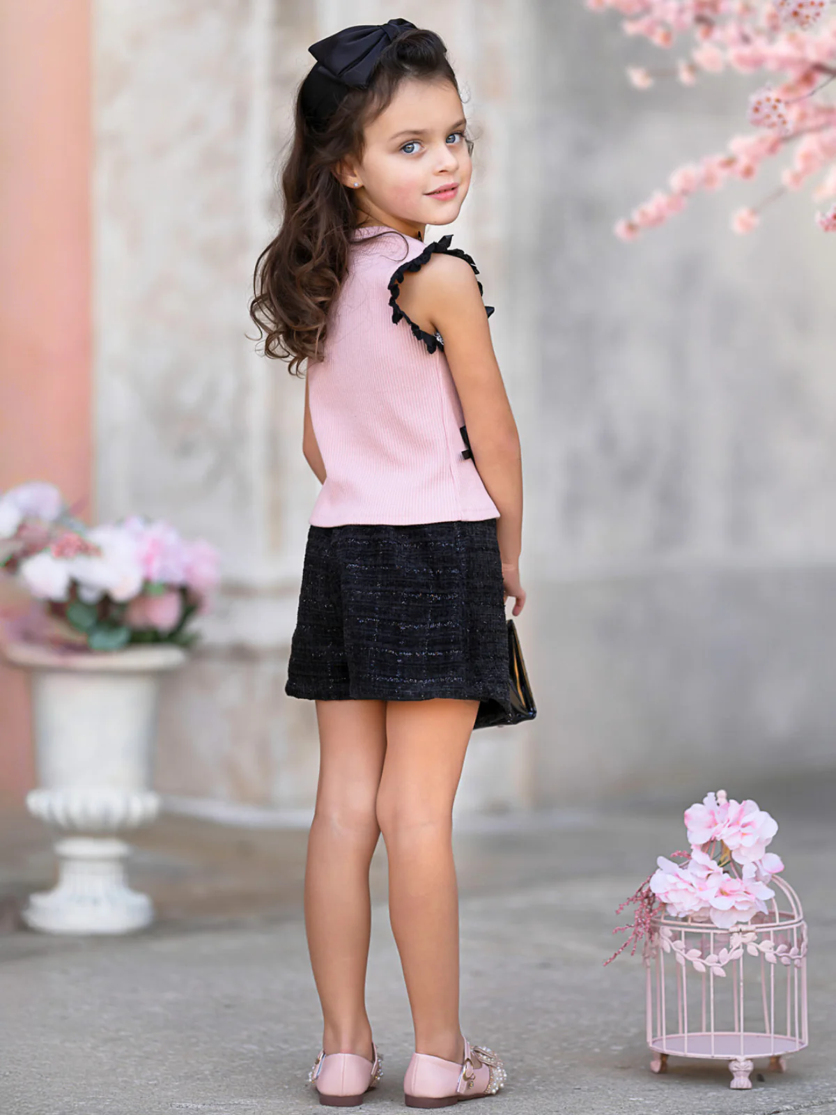 Pink Bow Top and Black Tweed Skort Set - Image 3