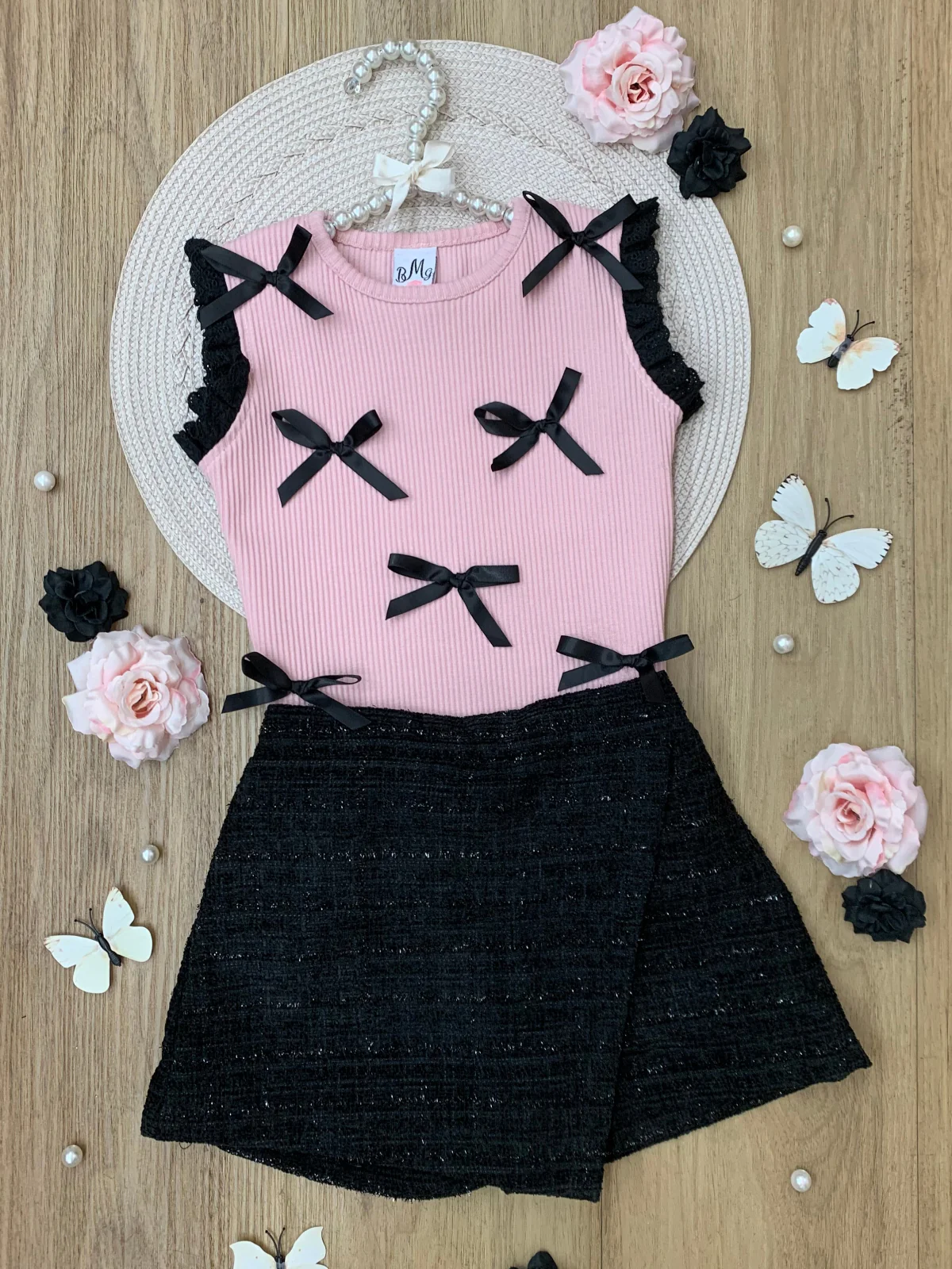 Pink Bow Top and Black Tweed Skort Set - Image 4