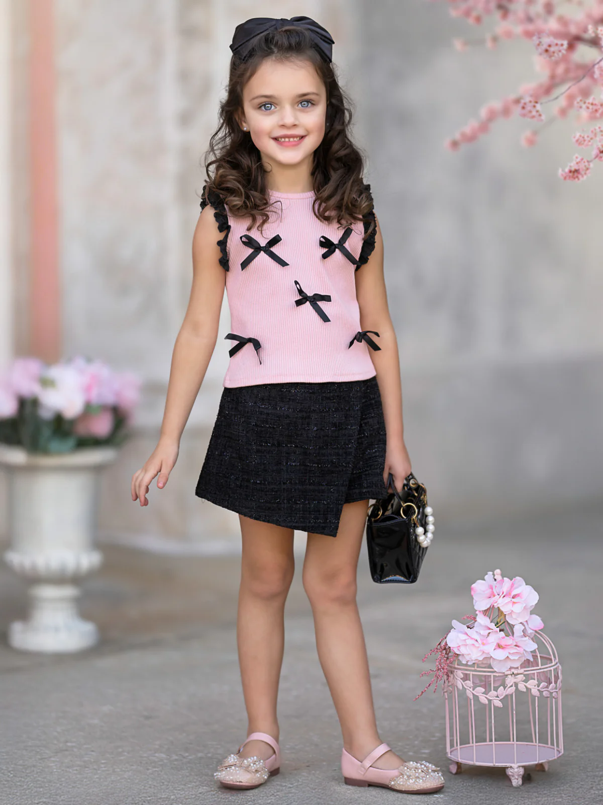 Pink Bow Top and Black Tweed Skort Set - Image 6