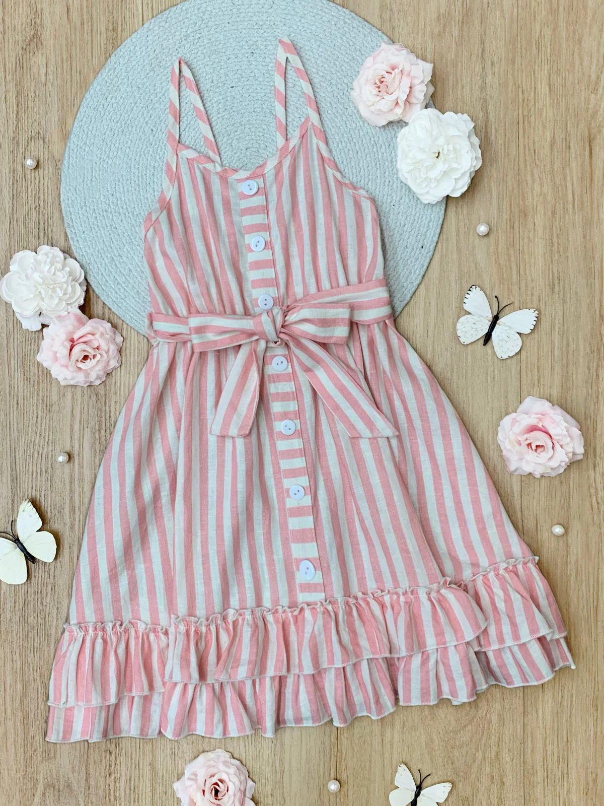 Pink Candy Stripe Button-Up Linen Ruffle Dress - Image 2