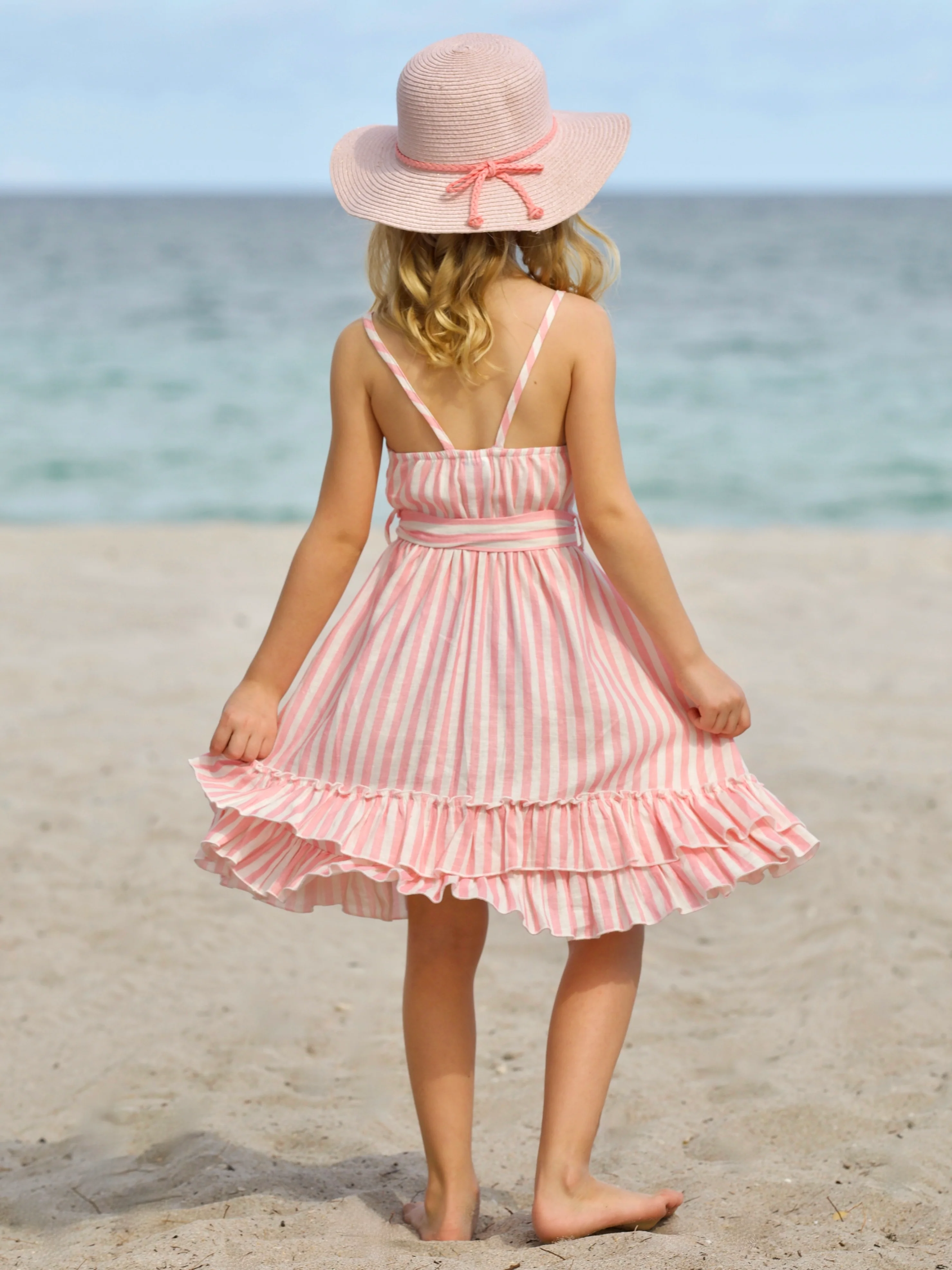 Pink Candy Stripe Button-Up Linen Ruffle Dress - Image 3