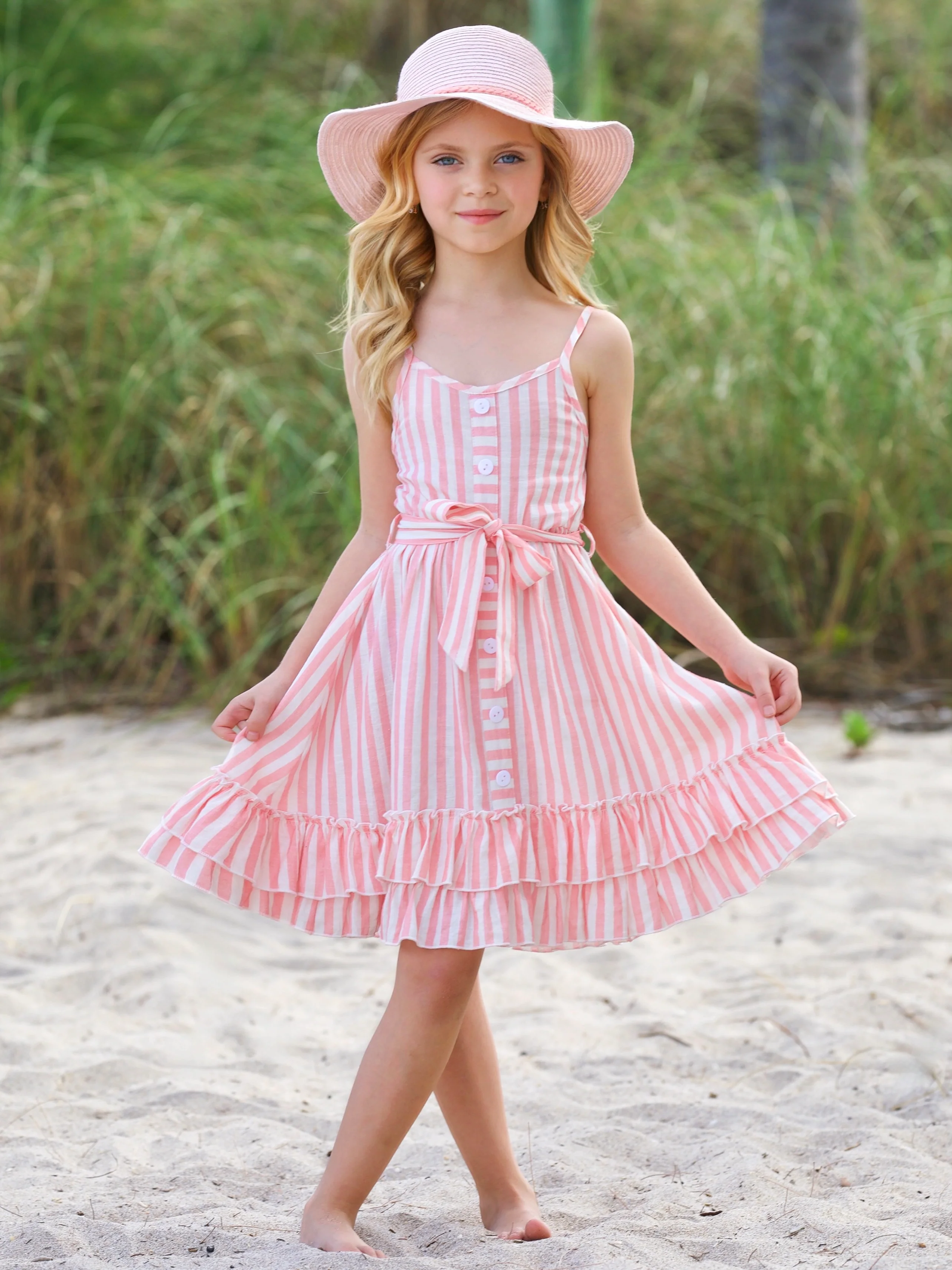Pink Candy Stripe Button-Up Linen Ruffle Dress - Image 4