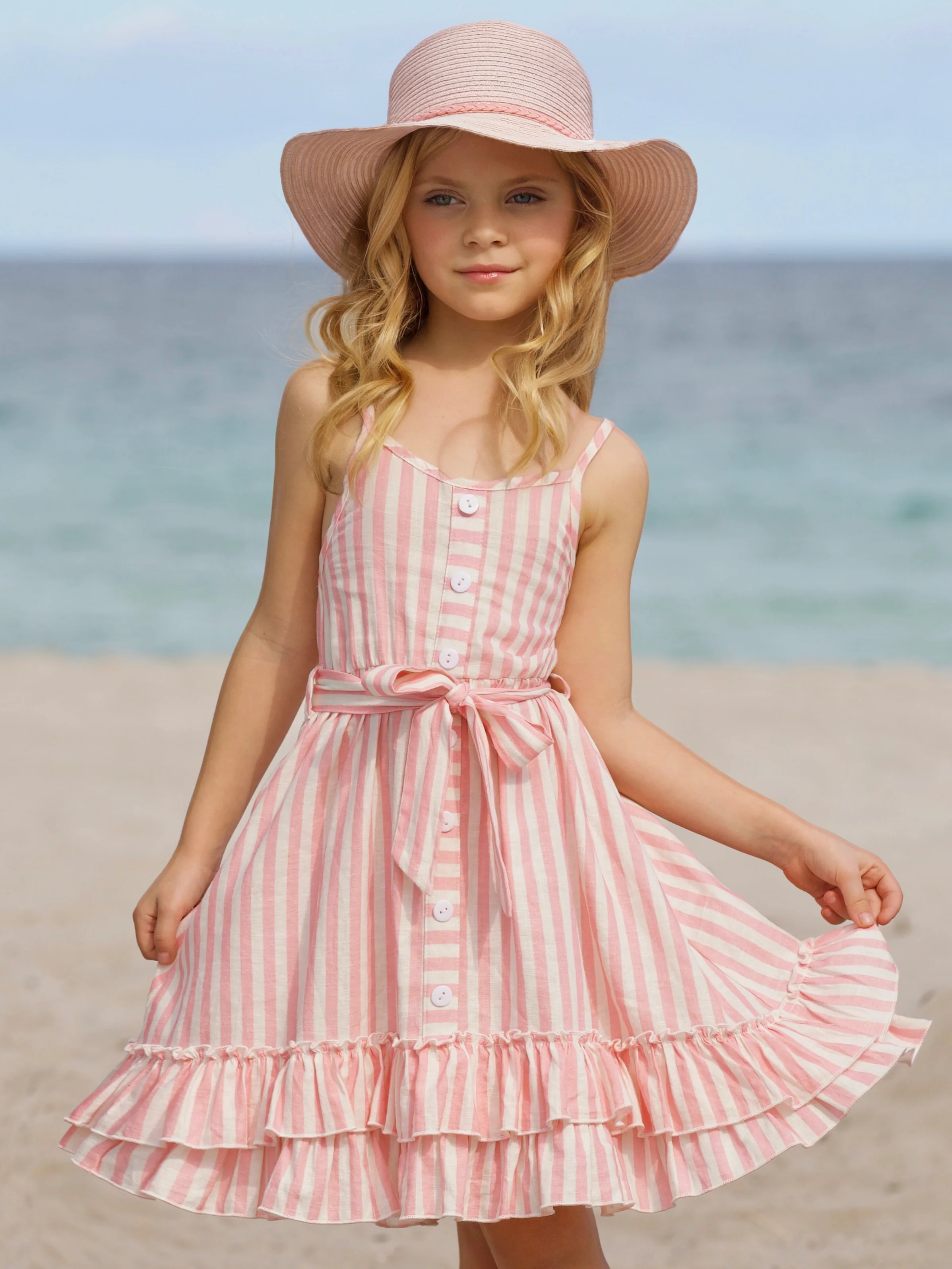 Pink Candy Stripe Button-Up Linen Ruffle Dress - Image 5
