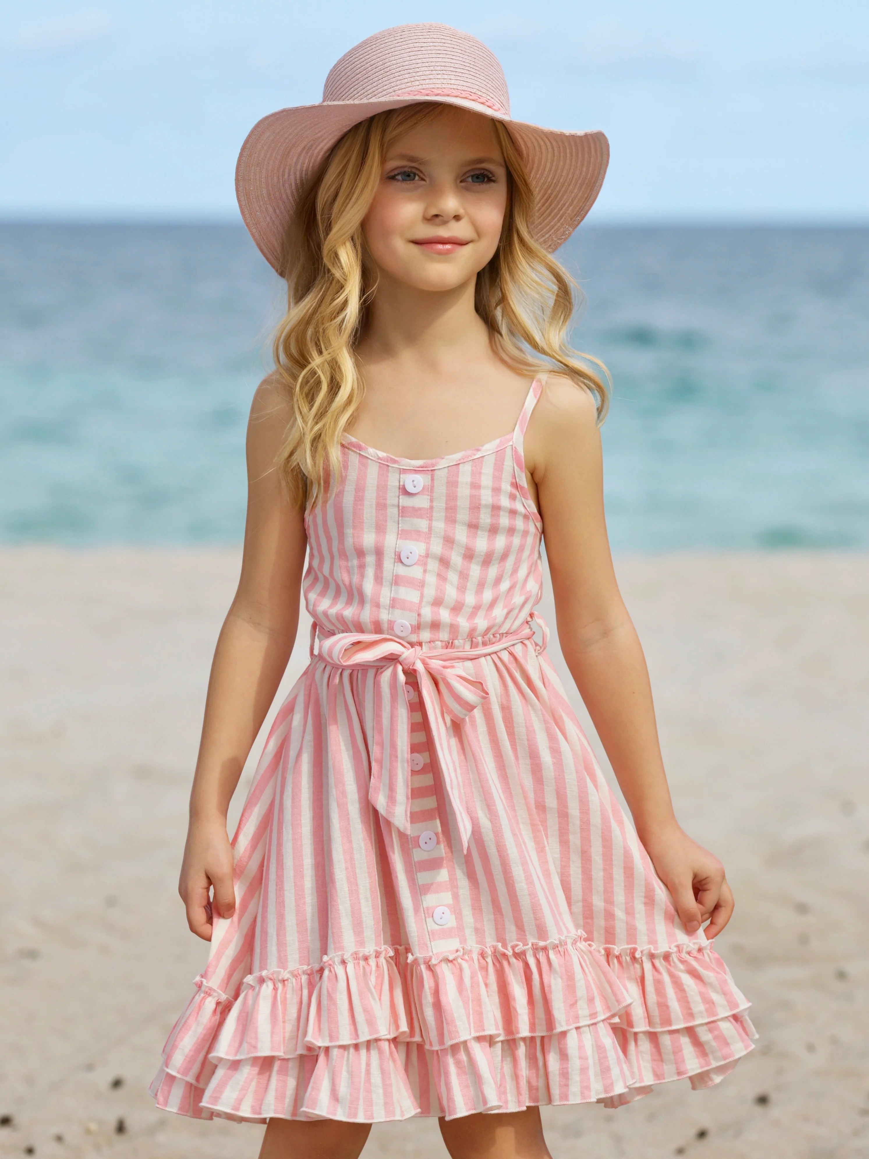 Pink Candy Stripe Button-Up Linen Ruffle Dress - Image 6