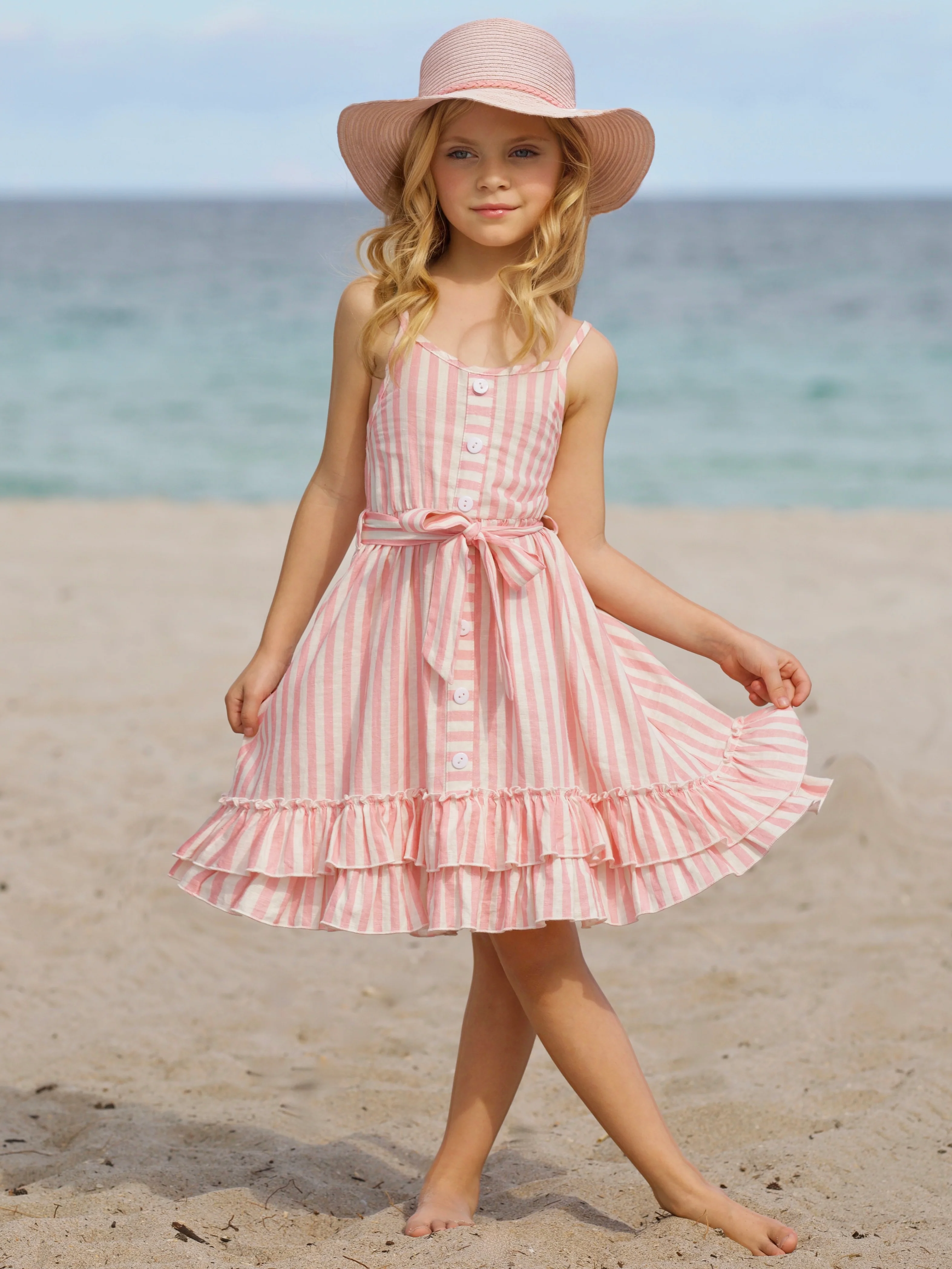 Pink Candy Stripe Button-Up Linen Ruffle Dress - Image 7