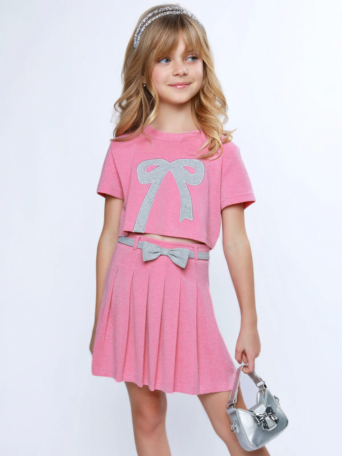 Pink Casual Bow Top and Pleated Skirt Set - Image 3