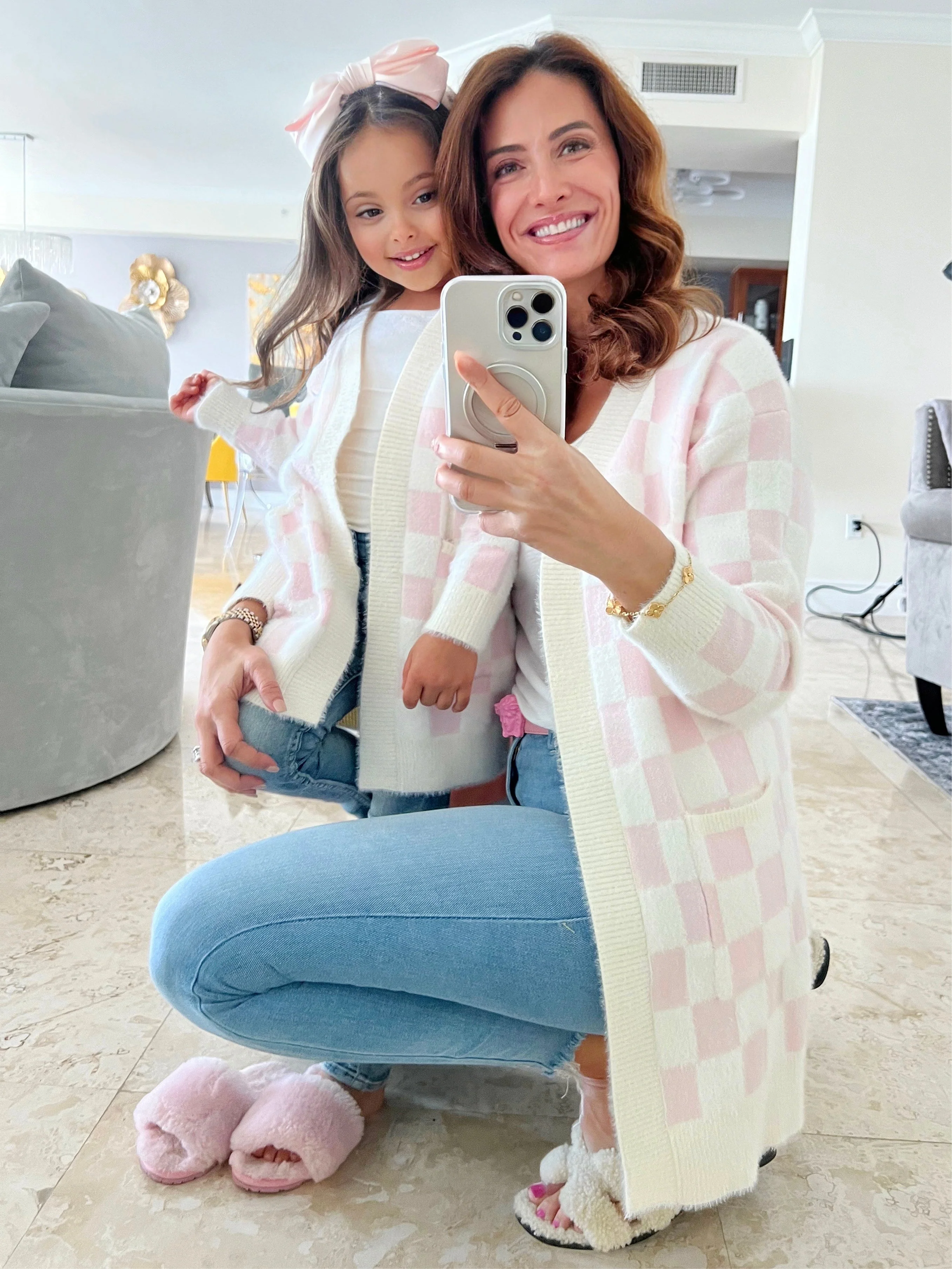 Mommy and Me Checkered Charm Pink Cardigan - Image 5