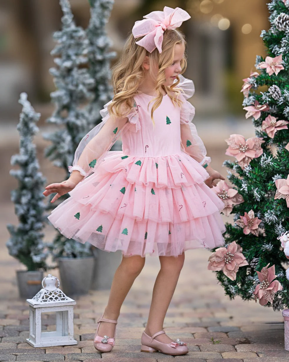 Frosted Pink Candy Cane Christmas Ruffled Tutu Dress - Image 6