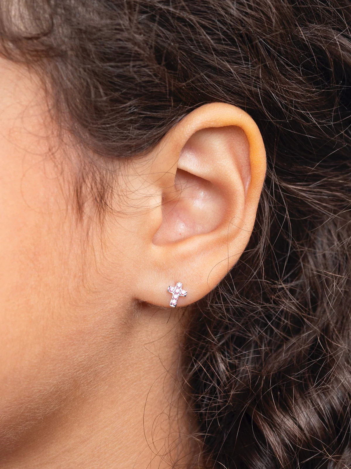 Girls Premium Sterling Silver Pink Cross Stud Earrings - Image 2