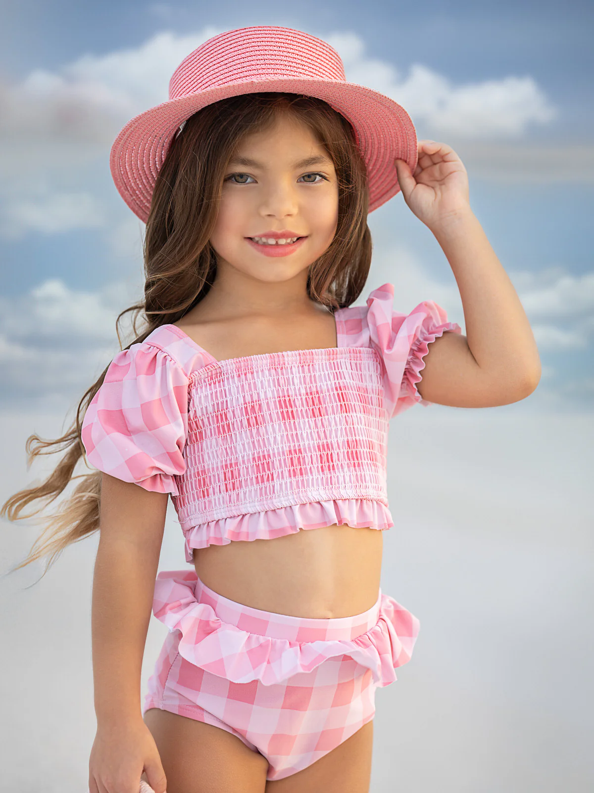 Perfect Pink Gingham Puff Sleeve Two Piece Swimsuit - Image 3