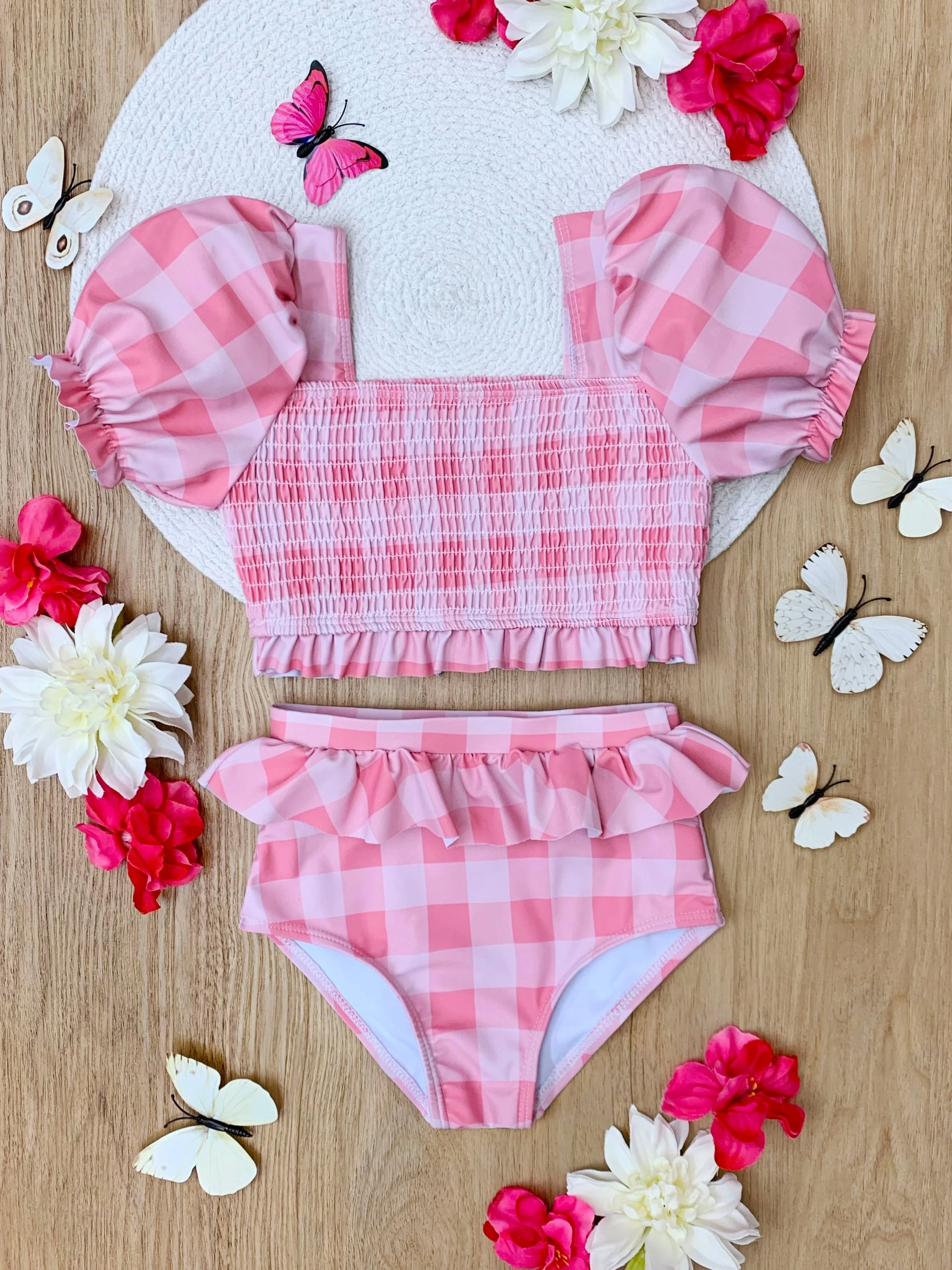 Perfect Pink Gingham Puff Sleeve Two Piece Swimsuit - Image 4