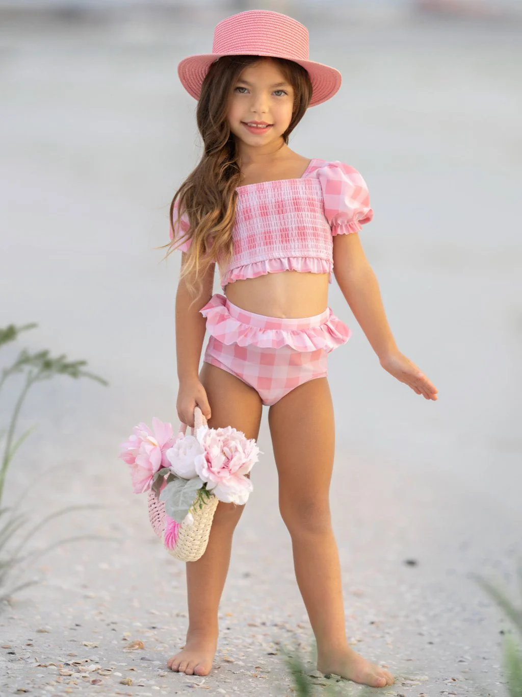 Perfect Pink Gingham Puff Sleeve Two Piece Swimsuit - Image 6