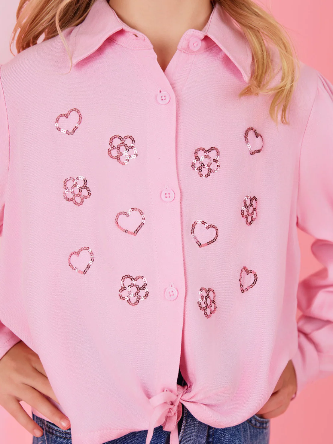Ultra Luxe Pink Sequined Relaxed Fit Button-Up Top - Image 2
