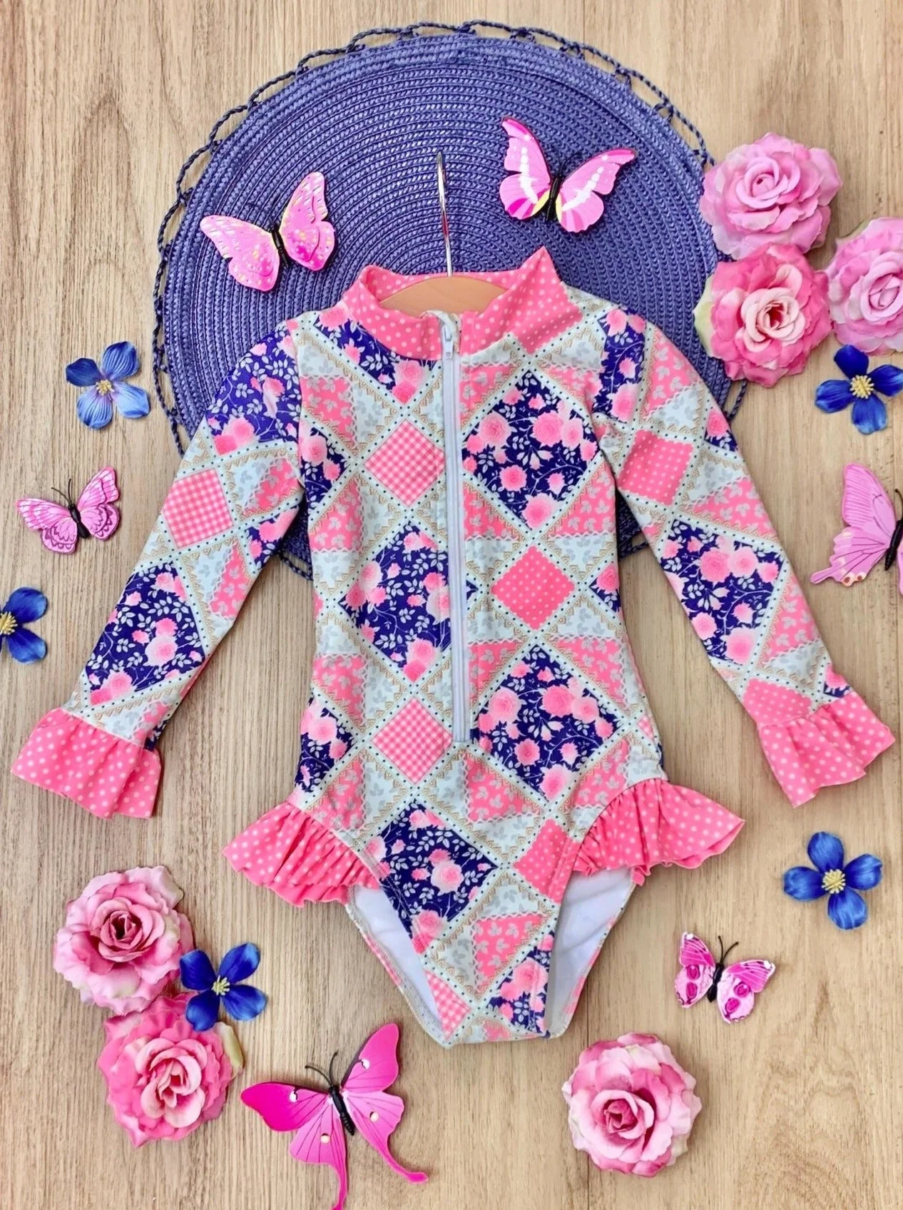 Preppy Floral Patchwork Rash Guard One Piece Swimsuit - Image 2