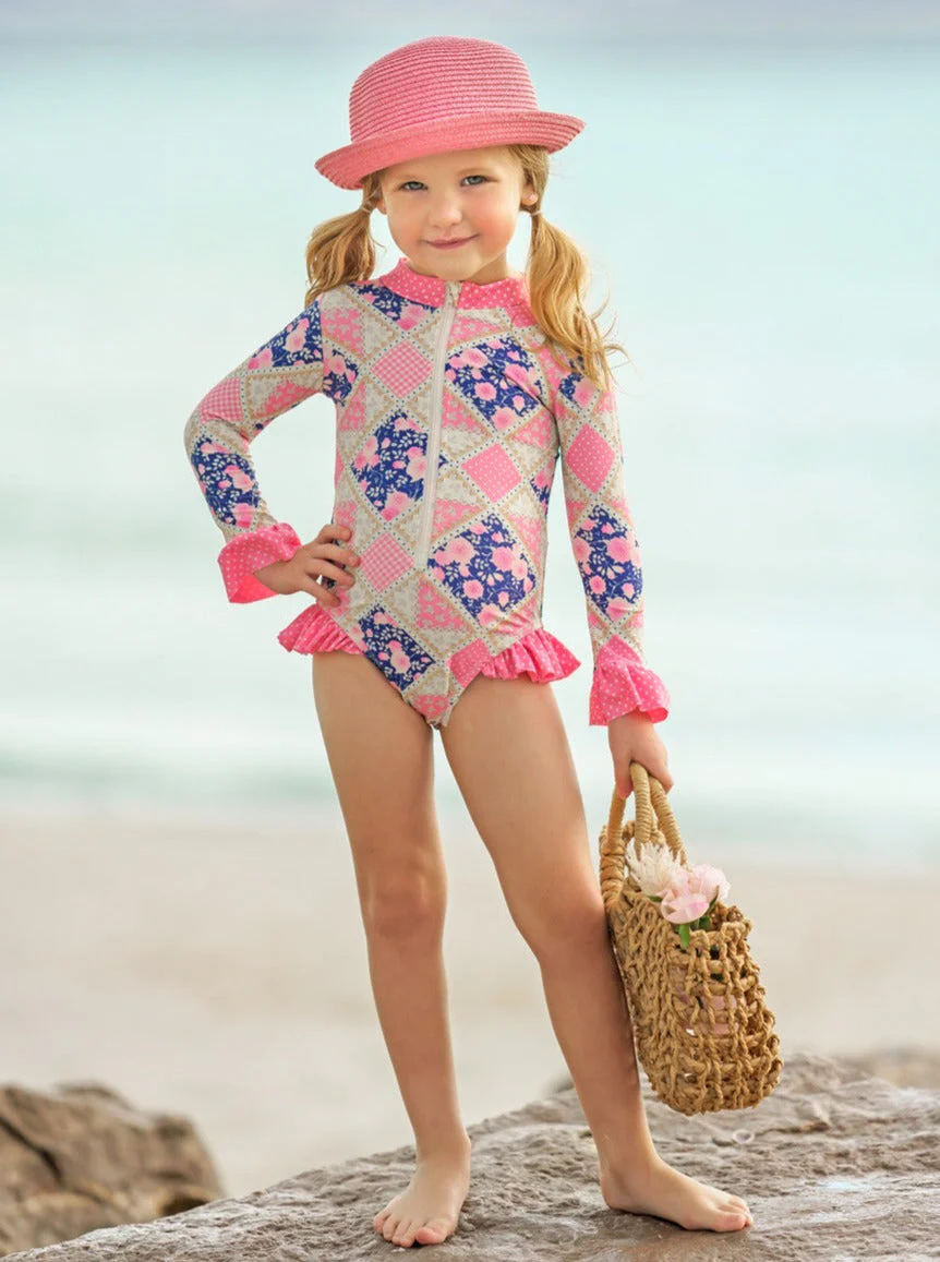 Preppy Floral Patchwork Rash Guard One Piece Swimsuit - Image 3