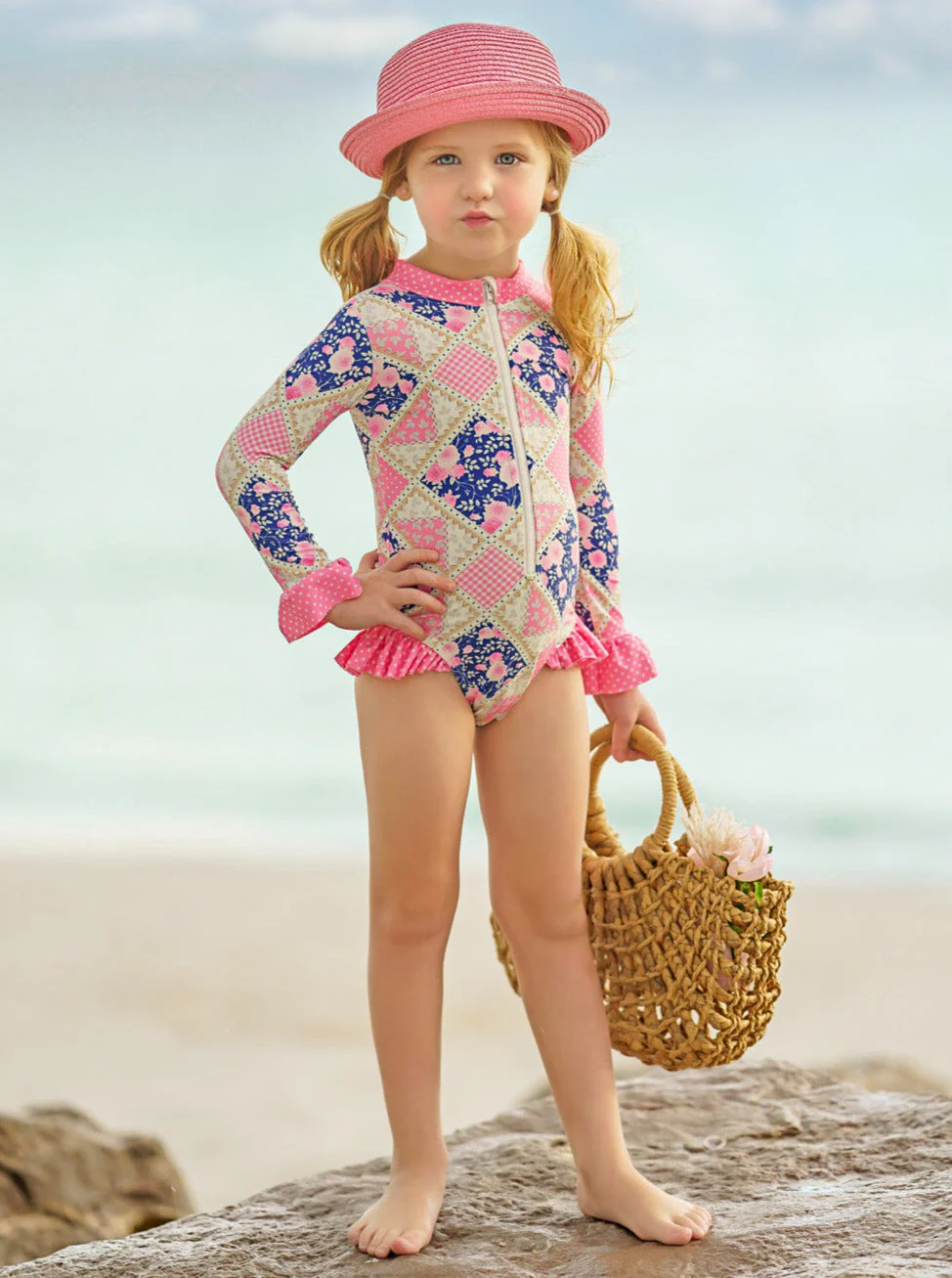 Preppy Floral Patchwork Rash Guard One Piece Swimsuit - Image 4