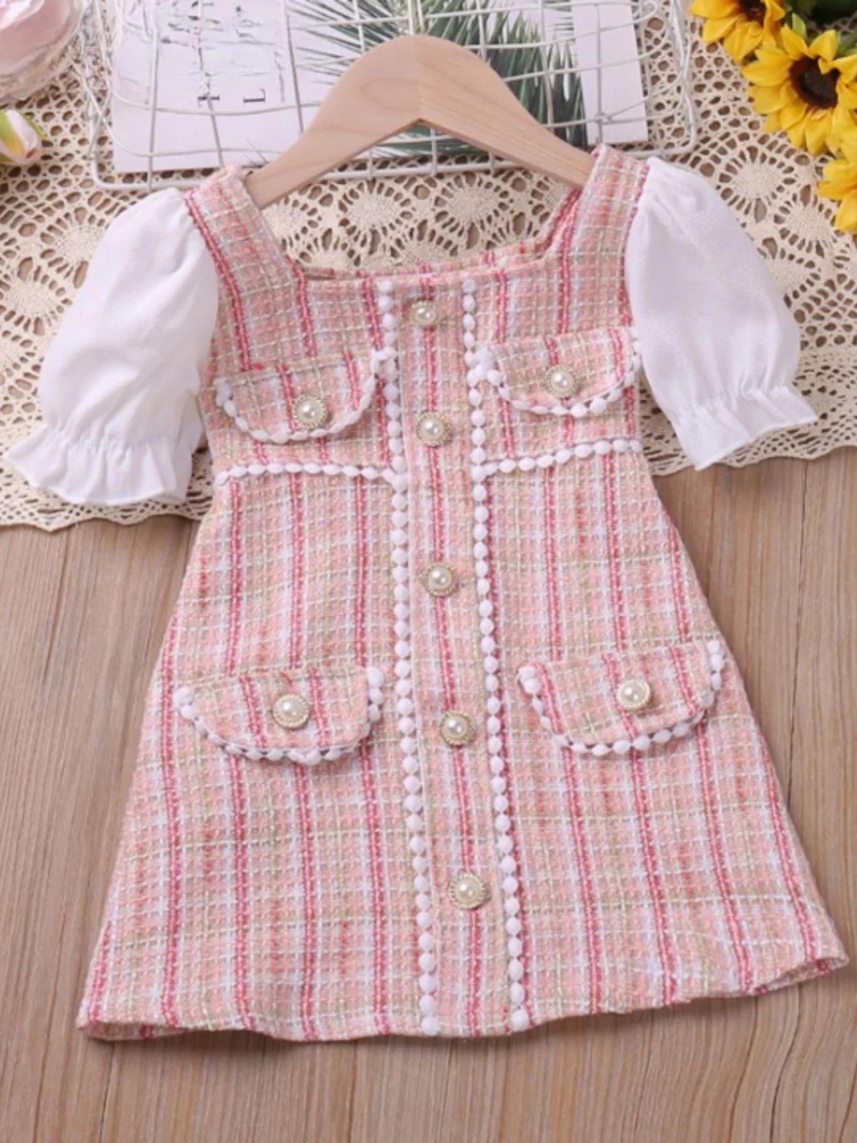 Pink Plaid Pearl Dress - Image 4
