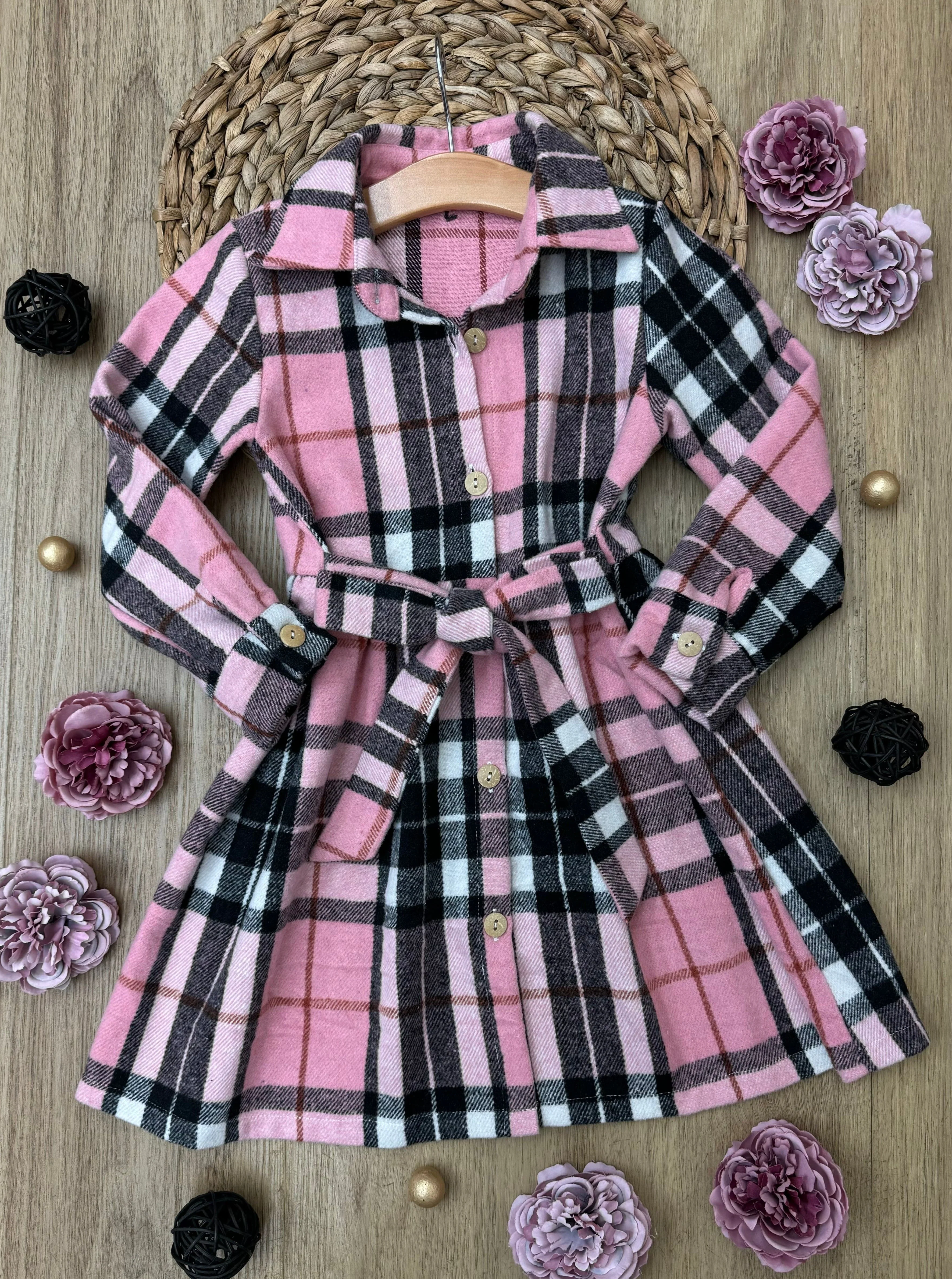 Pink Plaid Long Sleeve Shirt Dress - Image 2