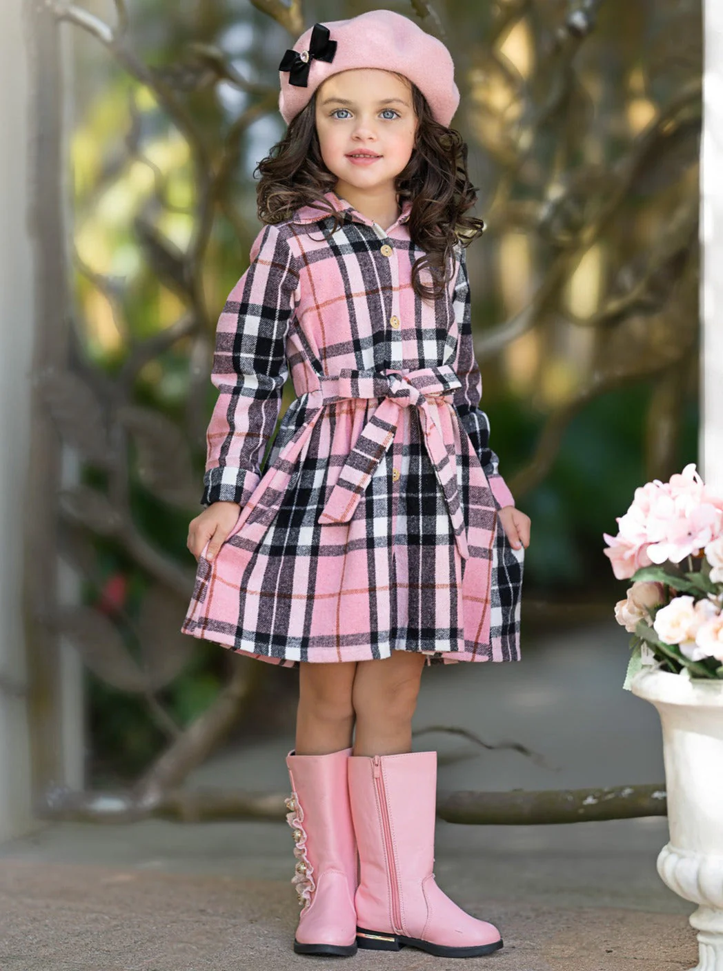 Pink Plaid Long Sleeve Shirt Dress - Image 5