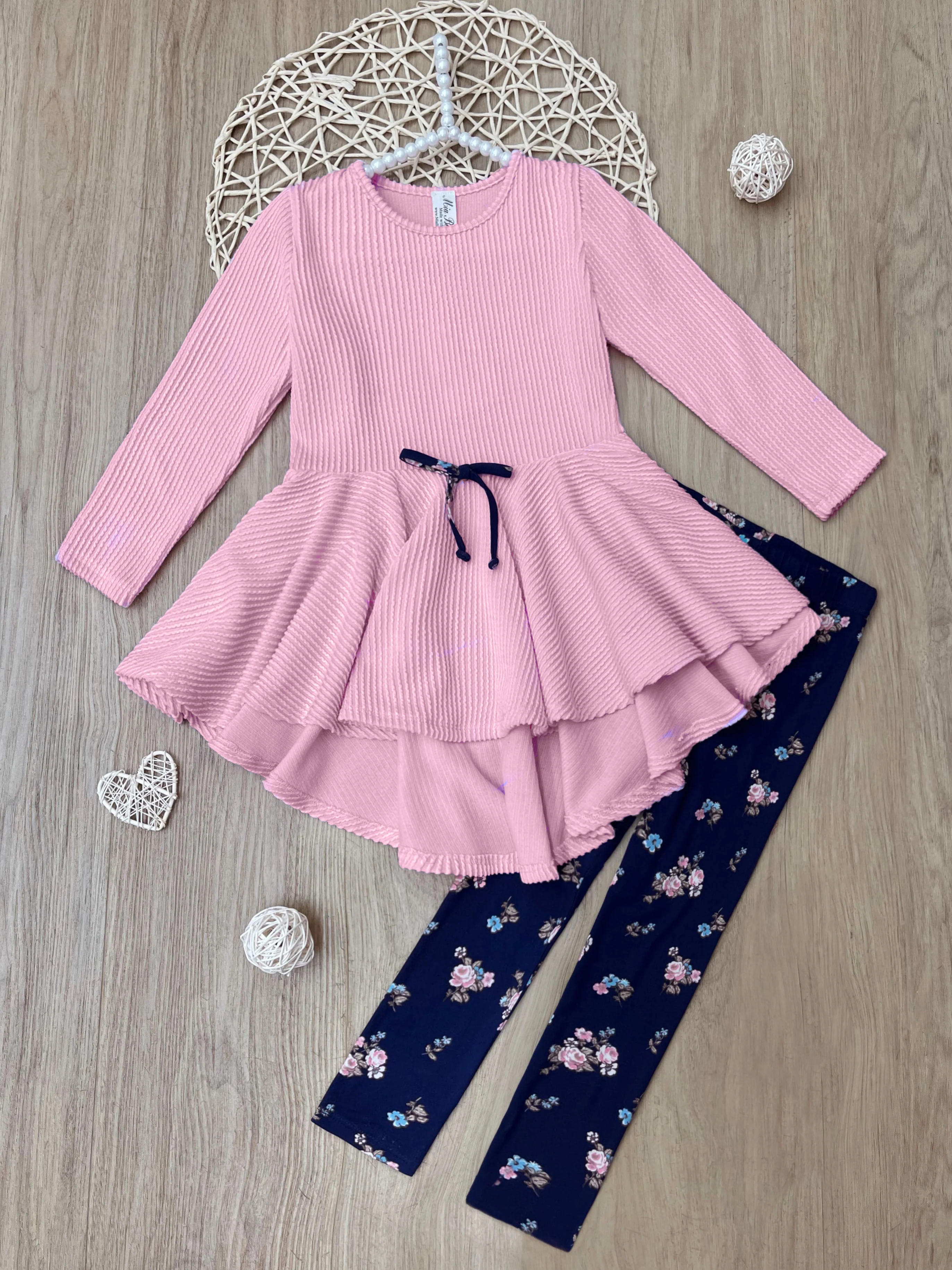 Pink Ribbed Hi-Lo Tunic and Floral Legging Set - Image 2
