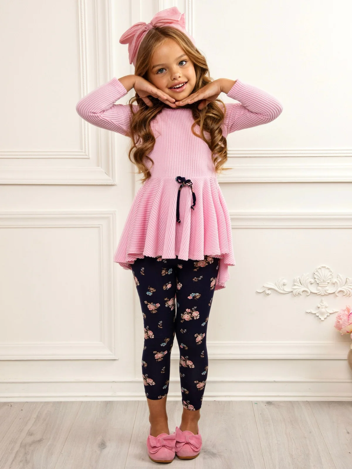 Pink Ribbed Hi-Lo Tunic and Floral Legging Set - Image 3